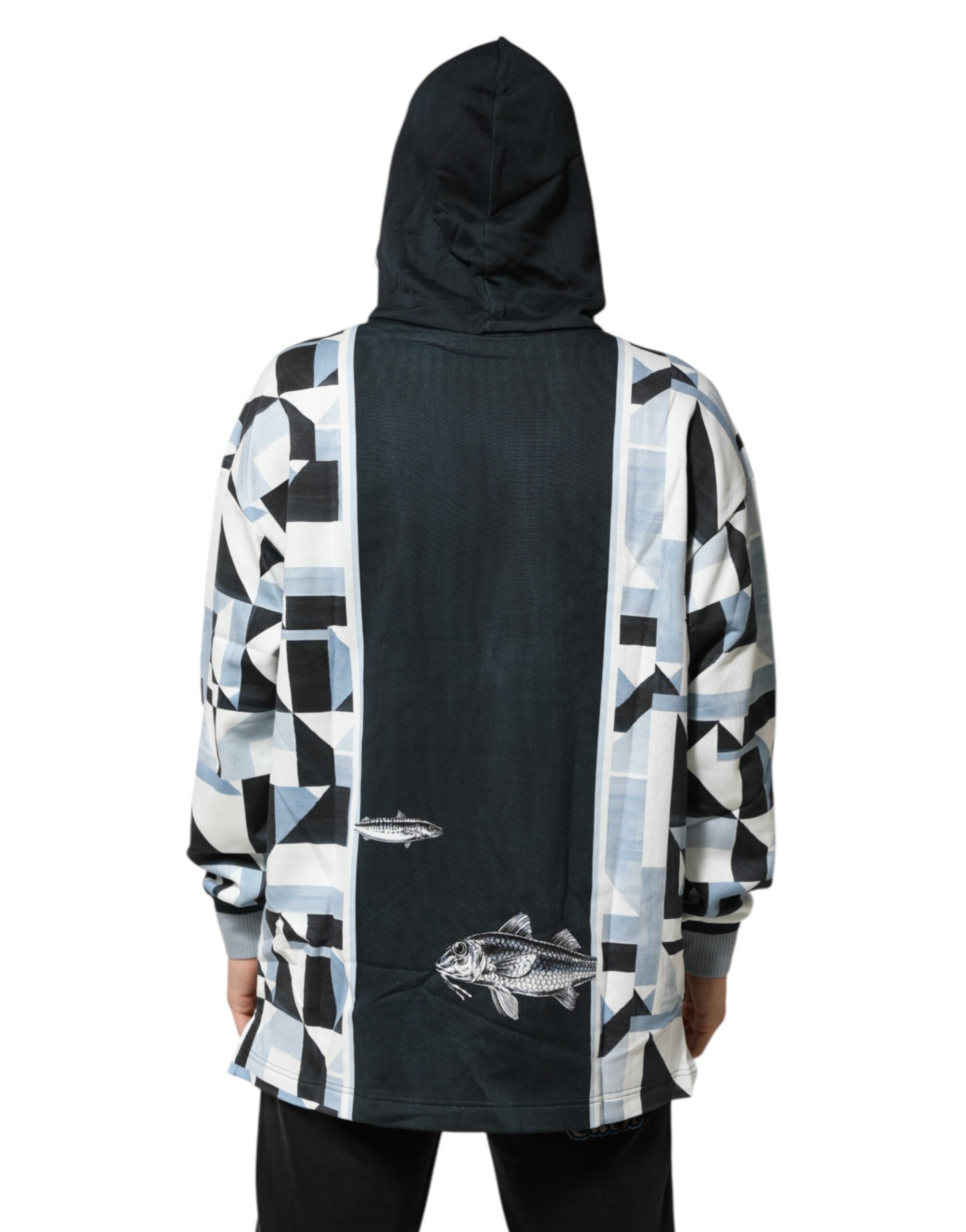 Dolce & Gabbana Blue Geometric Print Cotton Panel Pullover Hoodie Sweater
