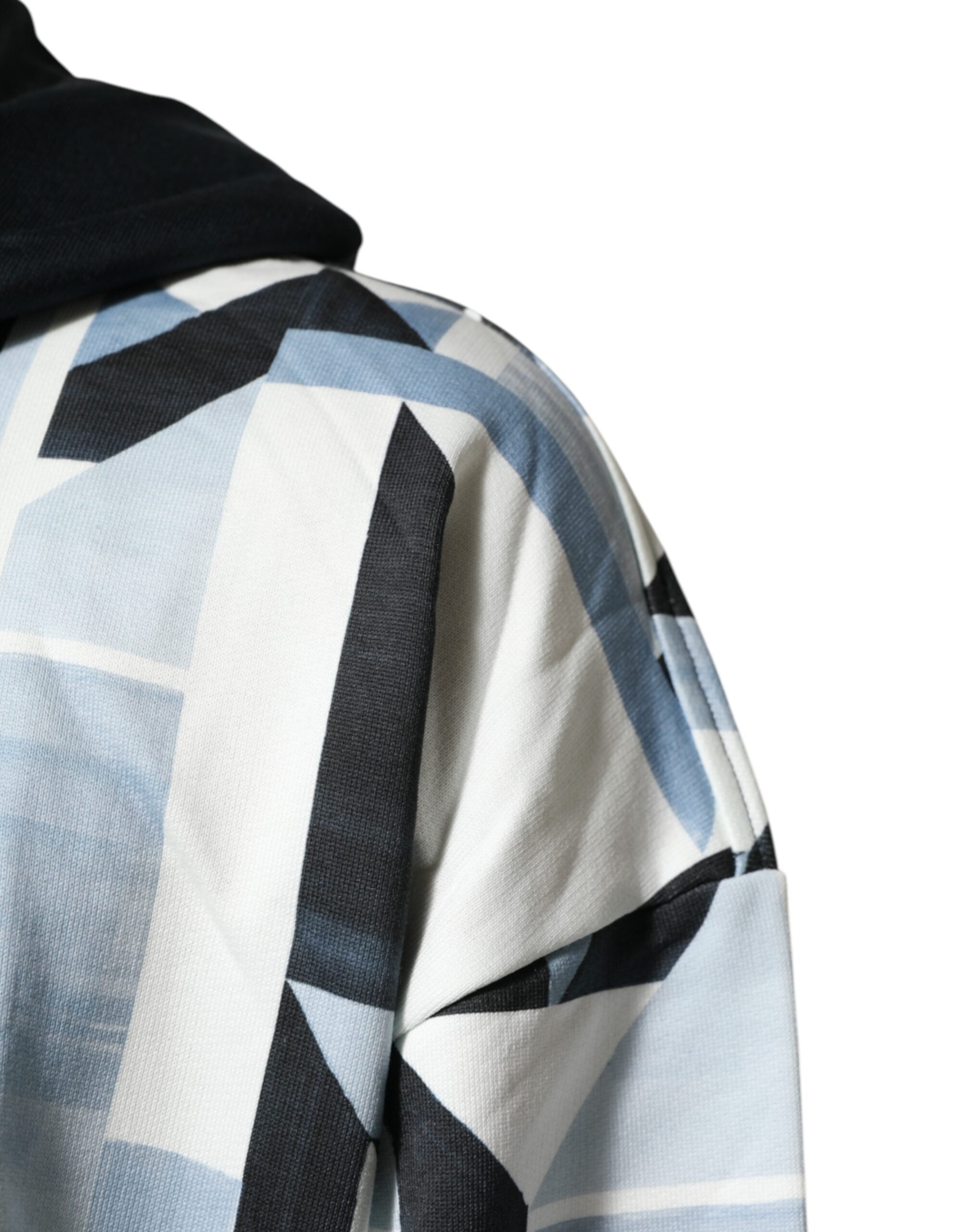 Dolce & Gabbana Blue Geometric Print Cotton Panel Pullover Hoodie Sweater