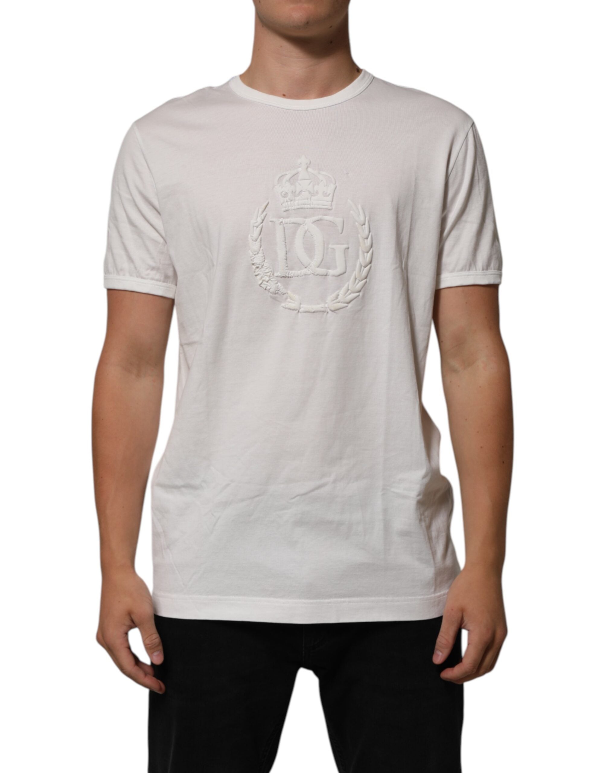 Dolce &amp; Gabbana Vit Bomull DG Krona Präglad Herr T-shirt