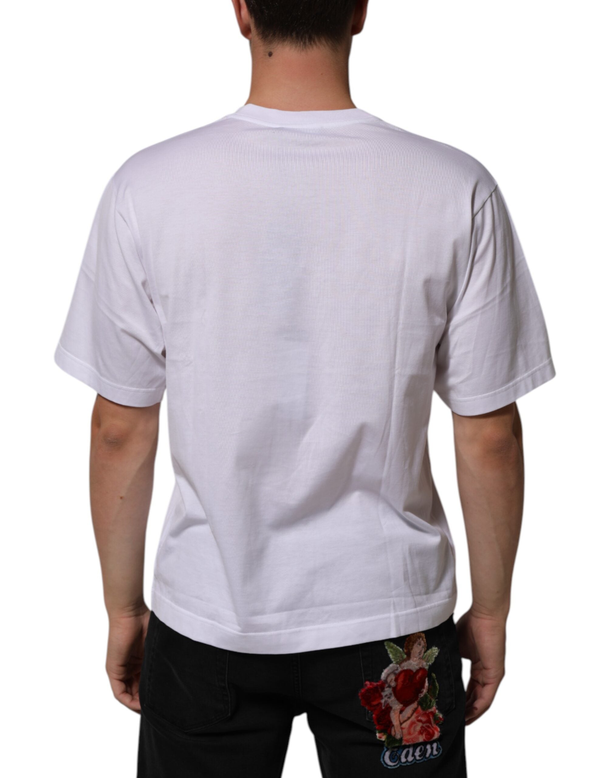 Dolce &amp; Gabbana Vit bomullslogotyppärm Rund halsringning Herr T-shirt