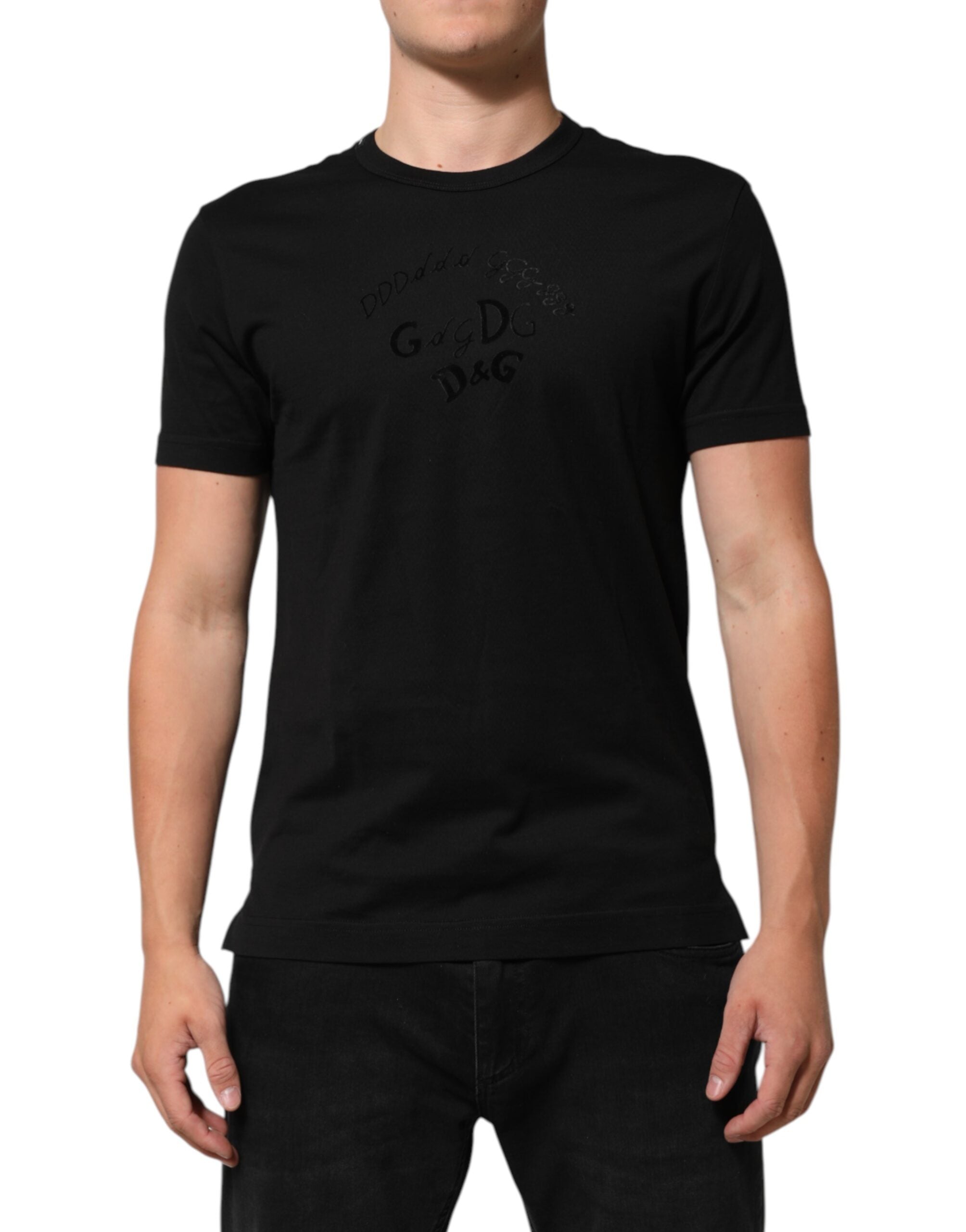 Dolce &amp; Gabbana Svart Bomullssammet Logotyptryck Herr T-shirt