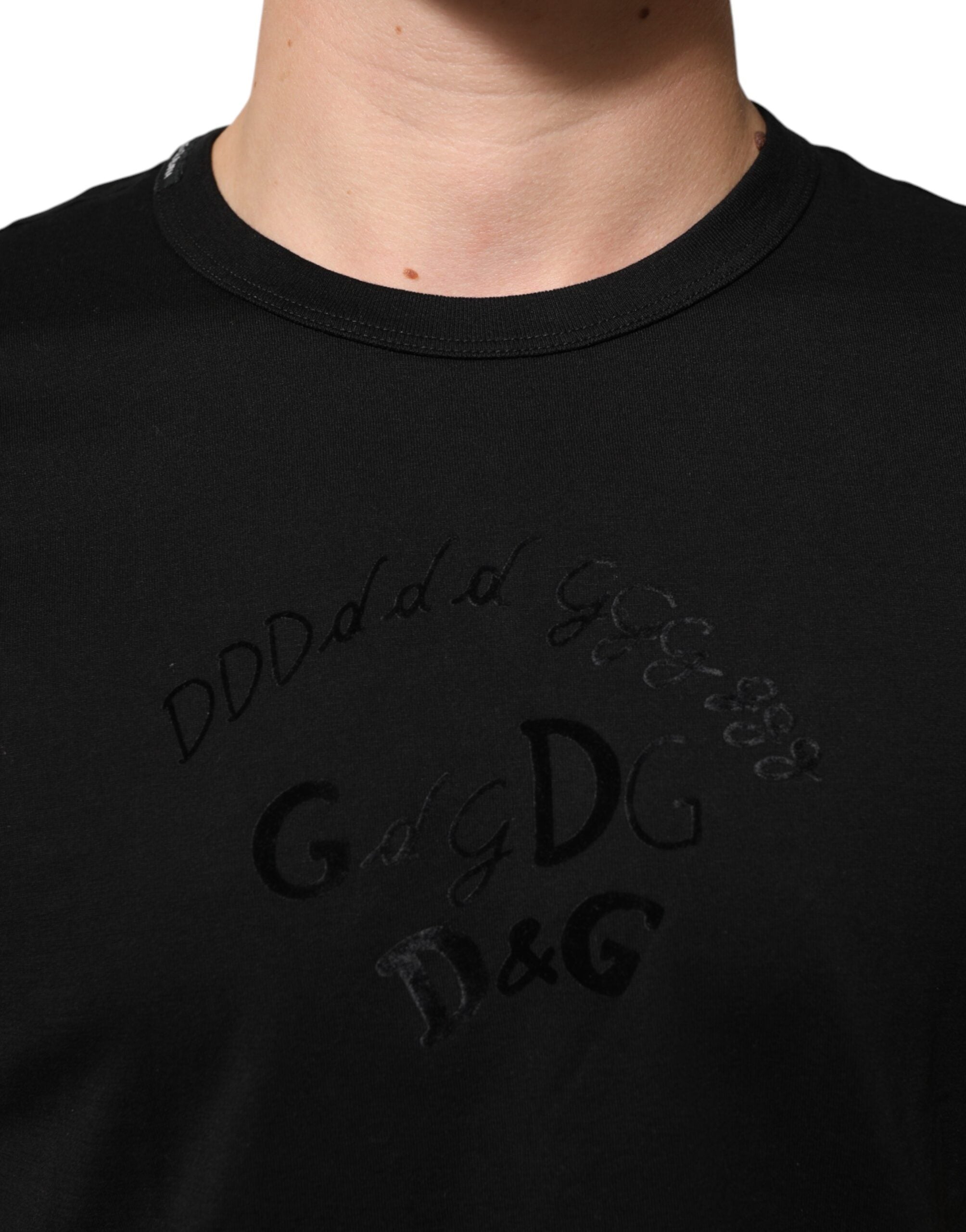 Dolce &amp; Gabbana Svart Bomullssammet Logotyptryck Herr T-shirt