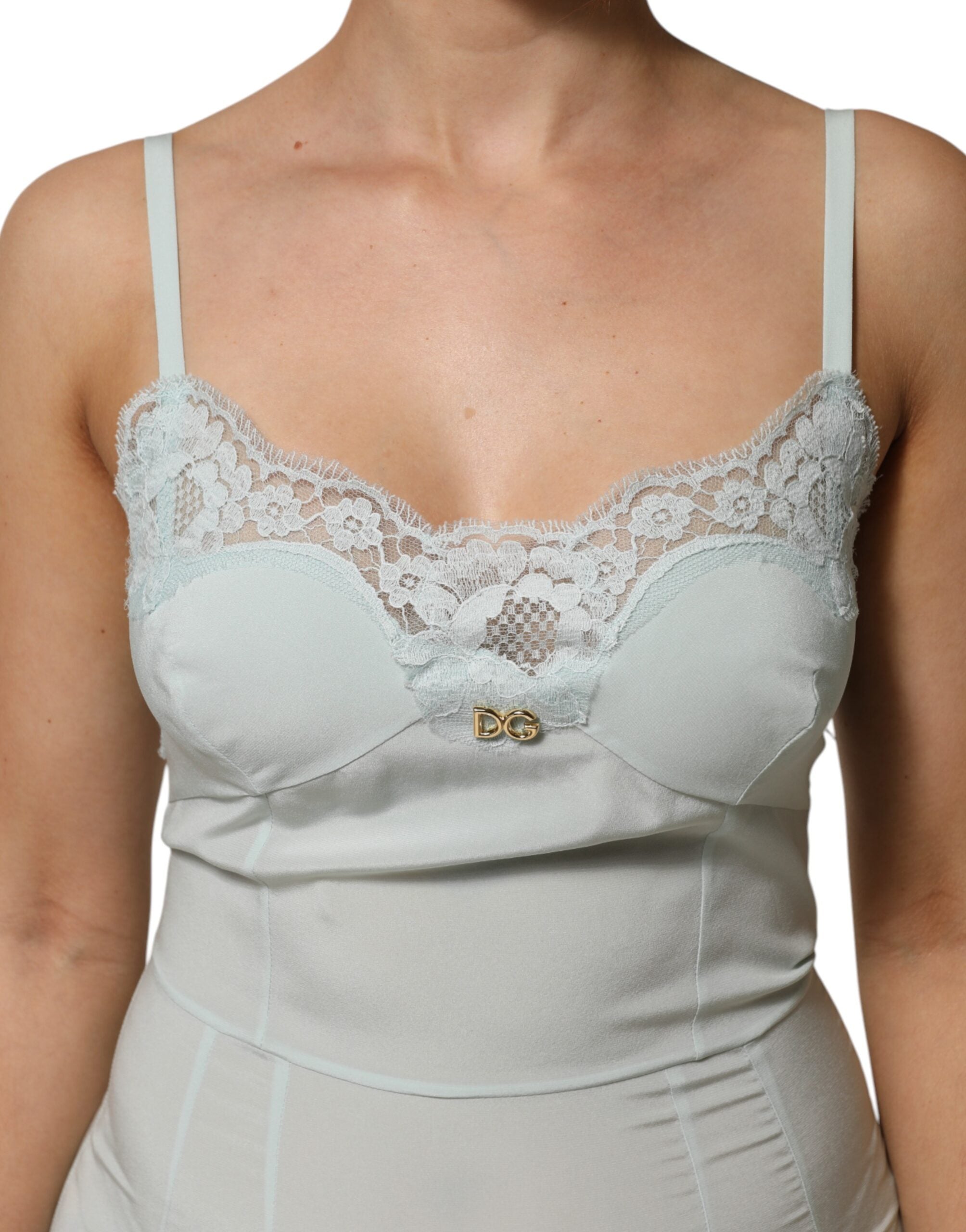 Dolce &amp; Gabbana Ljusblå Sidenspets Midi Bodycon Slipklänning