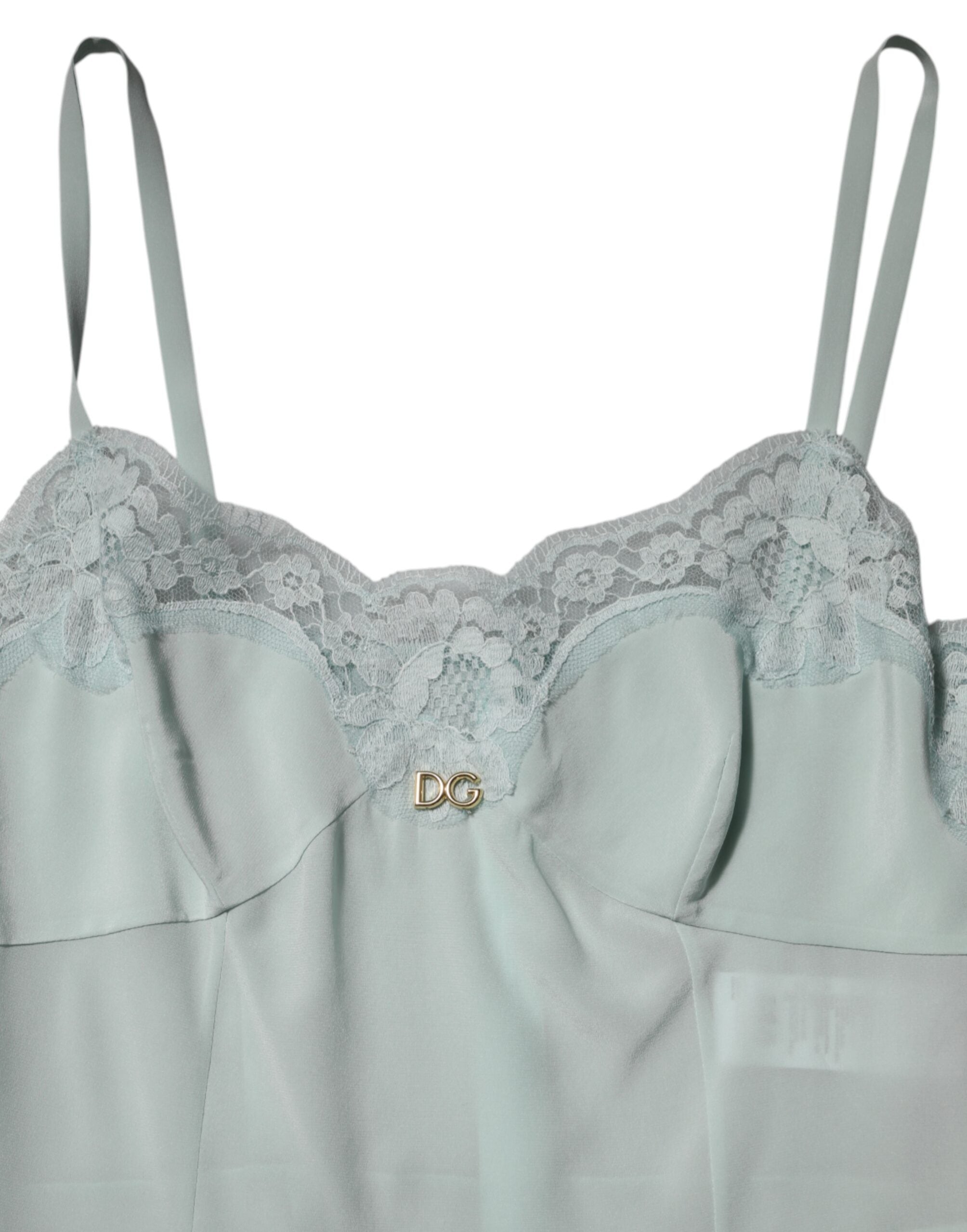 Dolce &amp; Gabbana Ljusblå Sidenspets Midi Bodycon Slipklänning