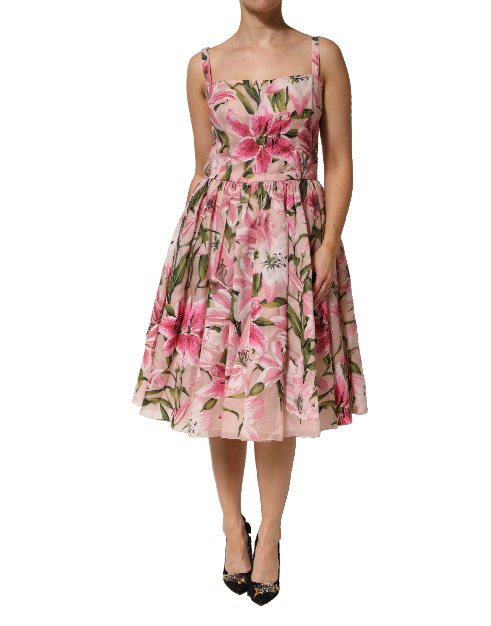 Dolce &amp; Gabbana Rosa Blommig Lilja Mönstrad Ärmlös Midiklänning