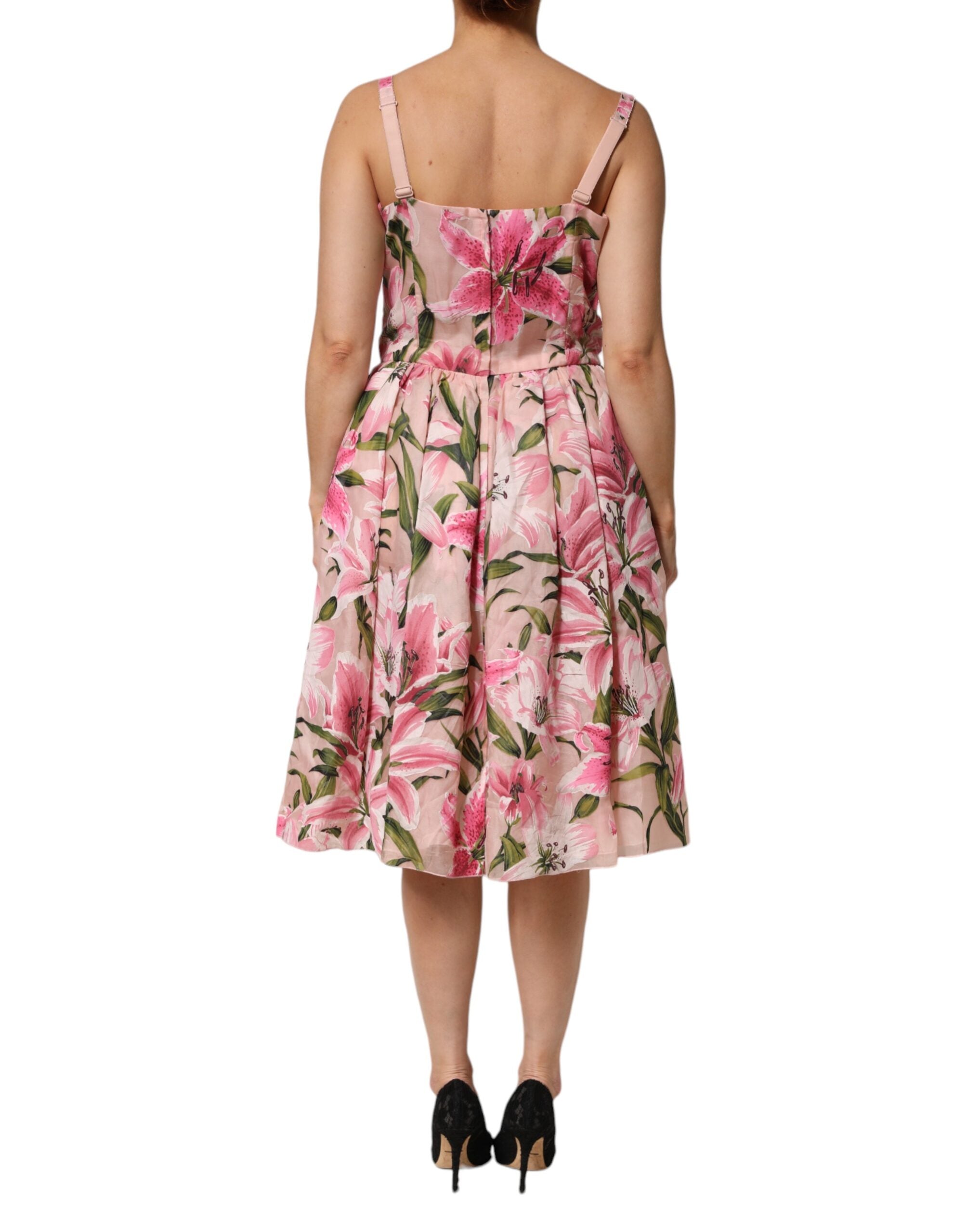 Dolce &amp; Gabbana Rosa Blommig Lilja Mönstrad Ärmlös Midiklänning