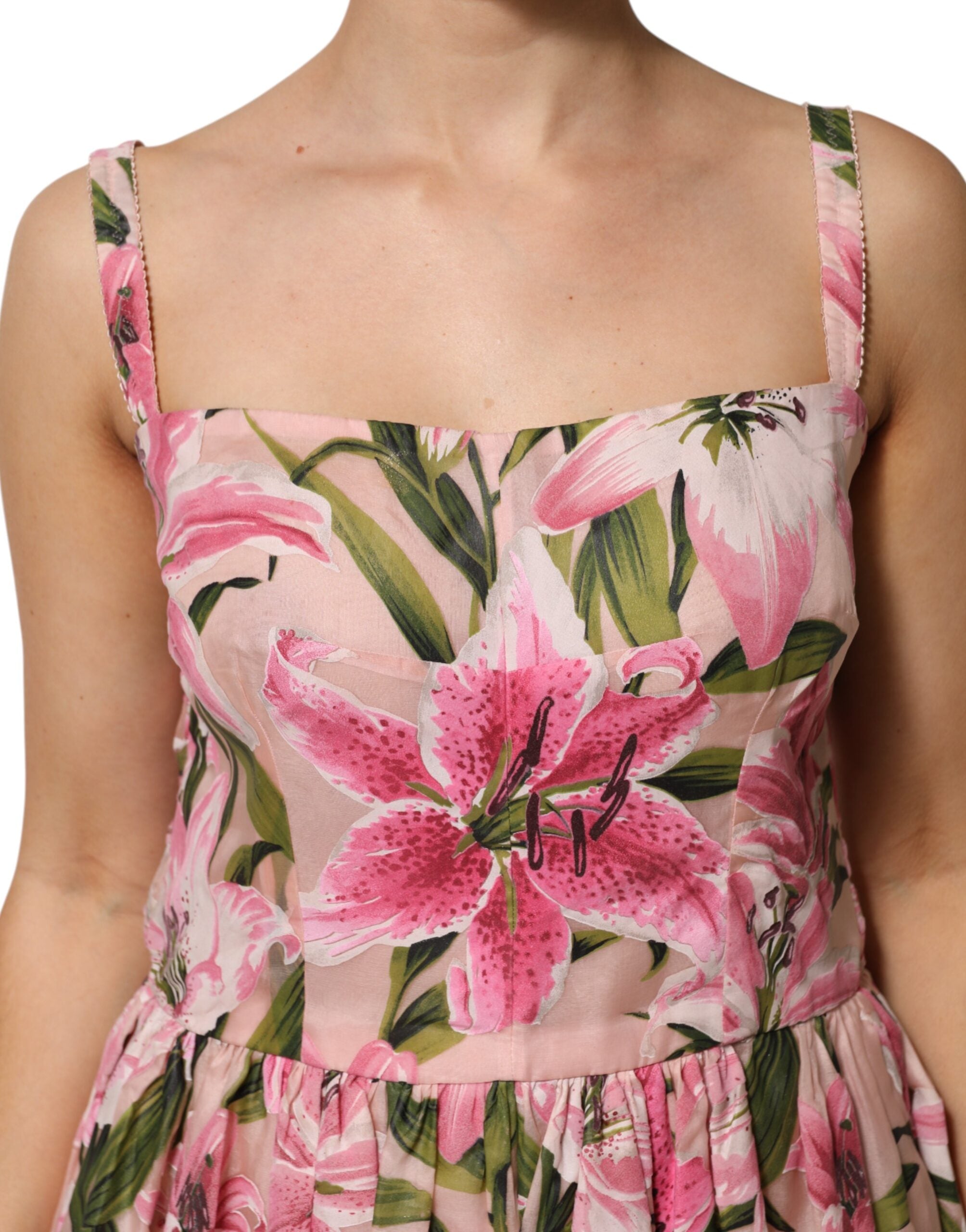 Dolce &amp; Gabbana Rosa Blommig Lilja Mönstrad Ärmlös Midiklänning