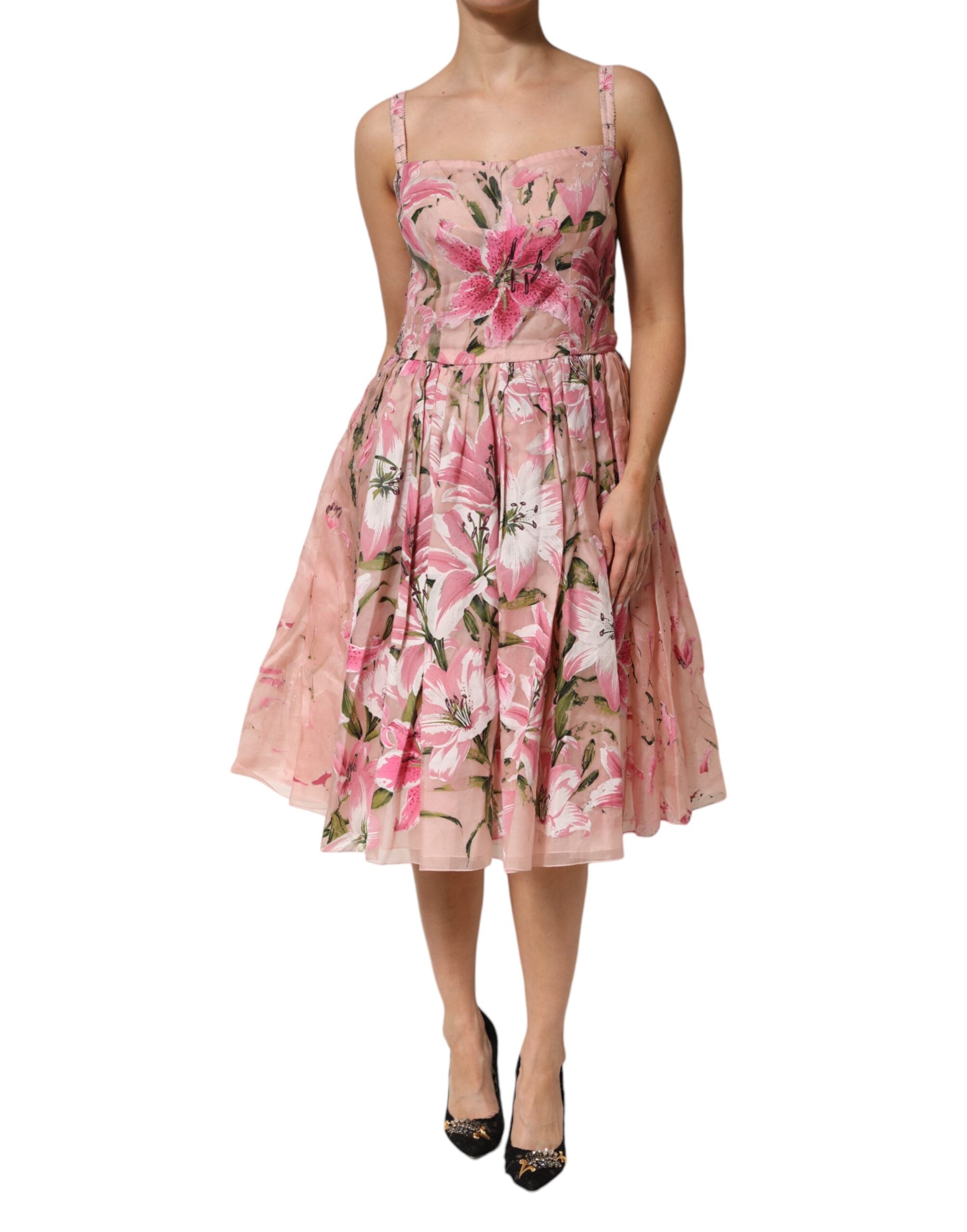 Dolce &amp; Gabbana Rosa Bomullsblommig Plisserad Ärmlös Klänning