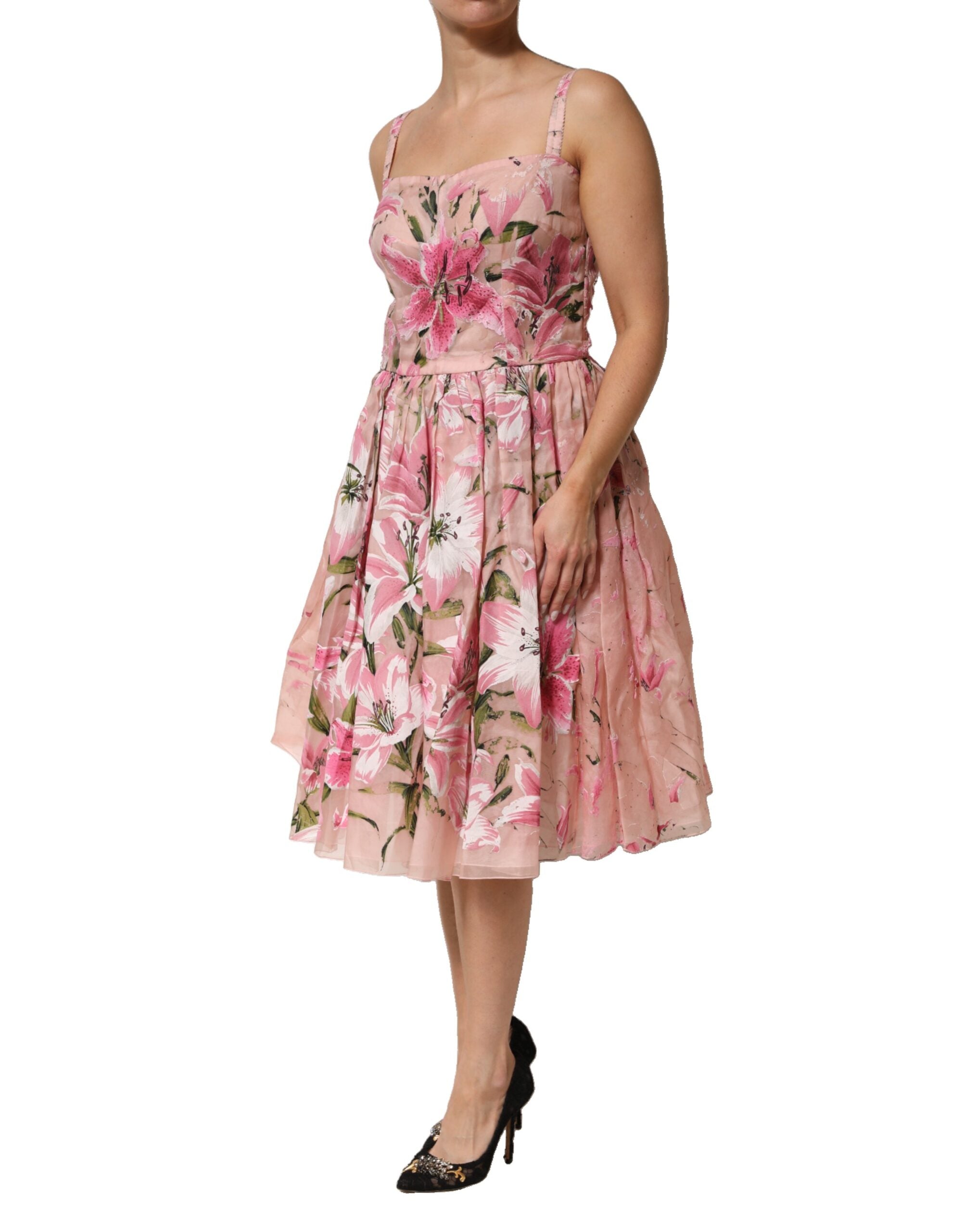 Dolce &amp; Gabbana Rosa Bomullsblommig Plisserad Ärmlös Klänning