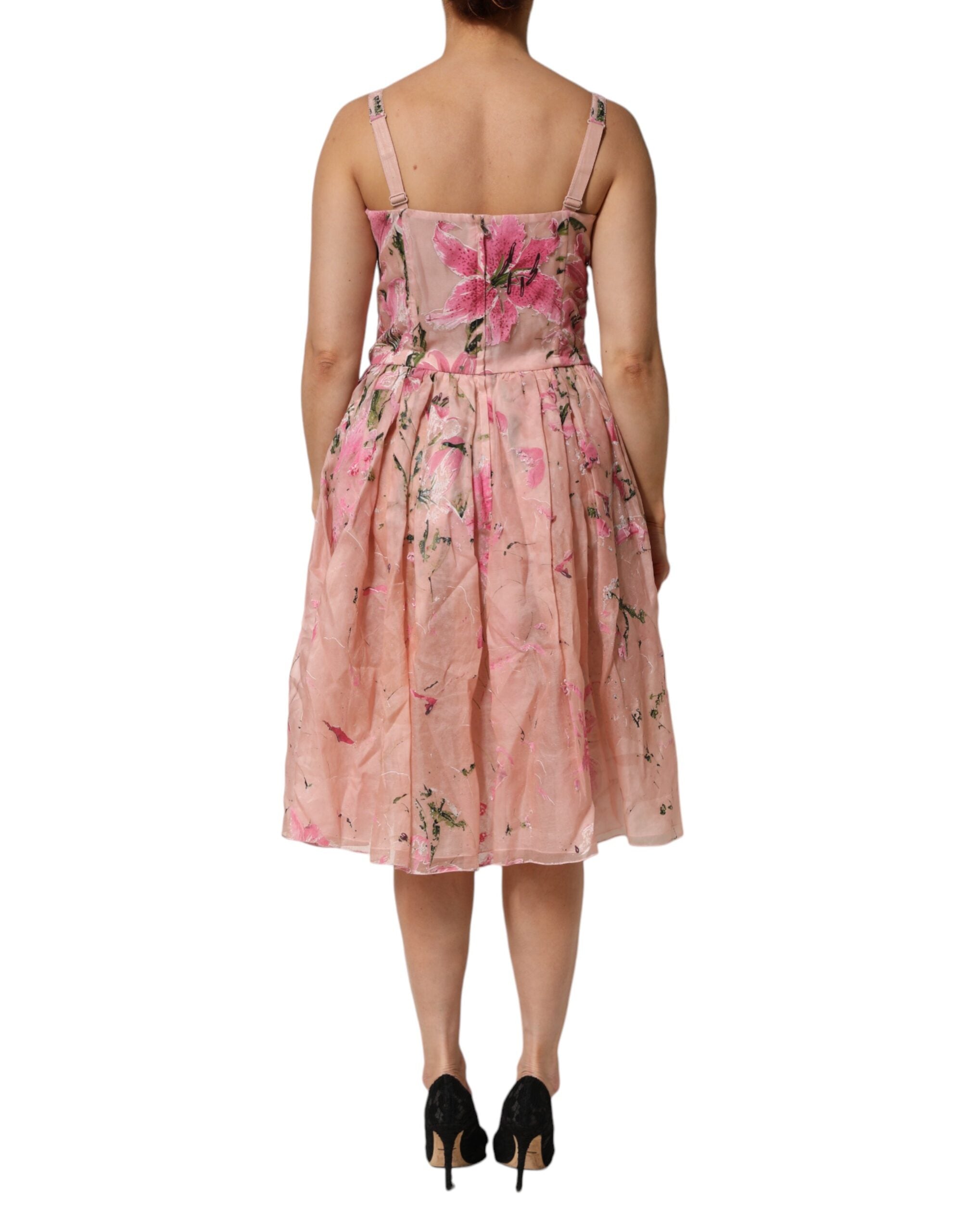 Dolce &amp; Gabbana Rosa Bomullsblommig Plisserad Ärmlös Klänning