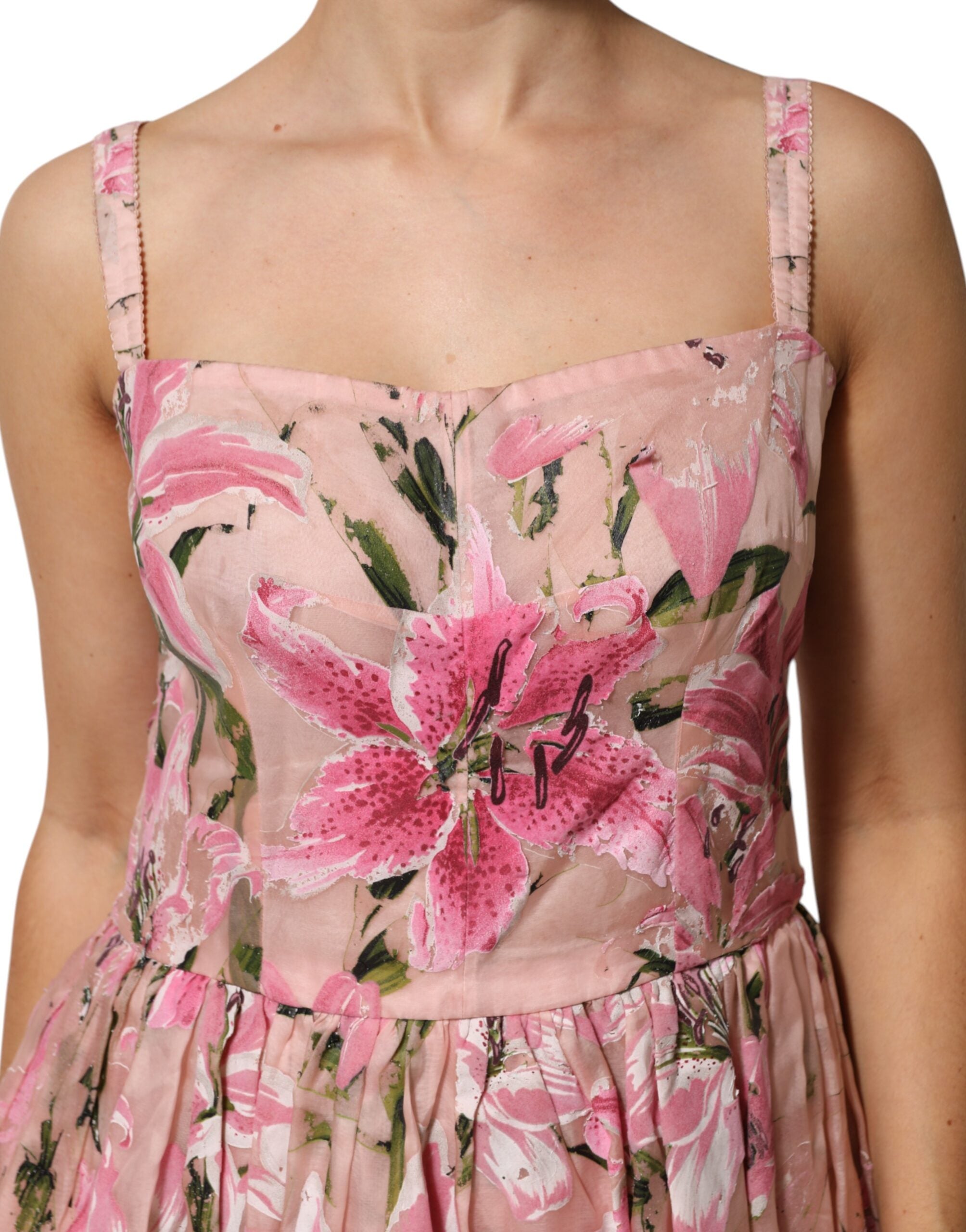 Dolce &amp; Gabbana Rosa Bomullsblommig Plisserad Ärmlös Klänning