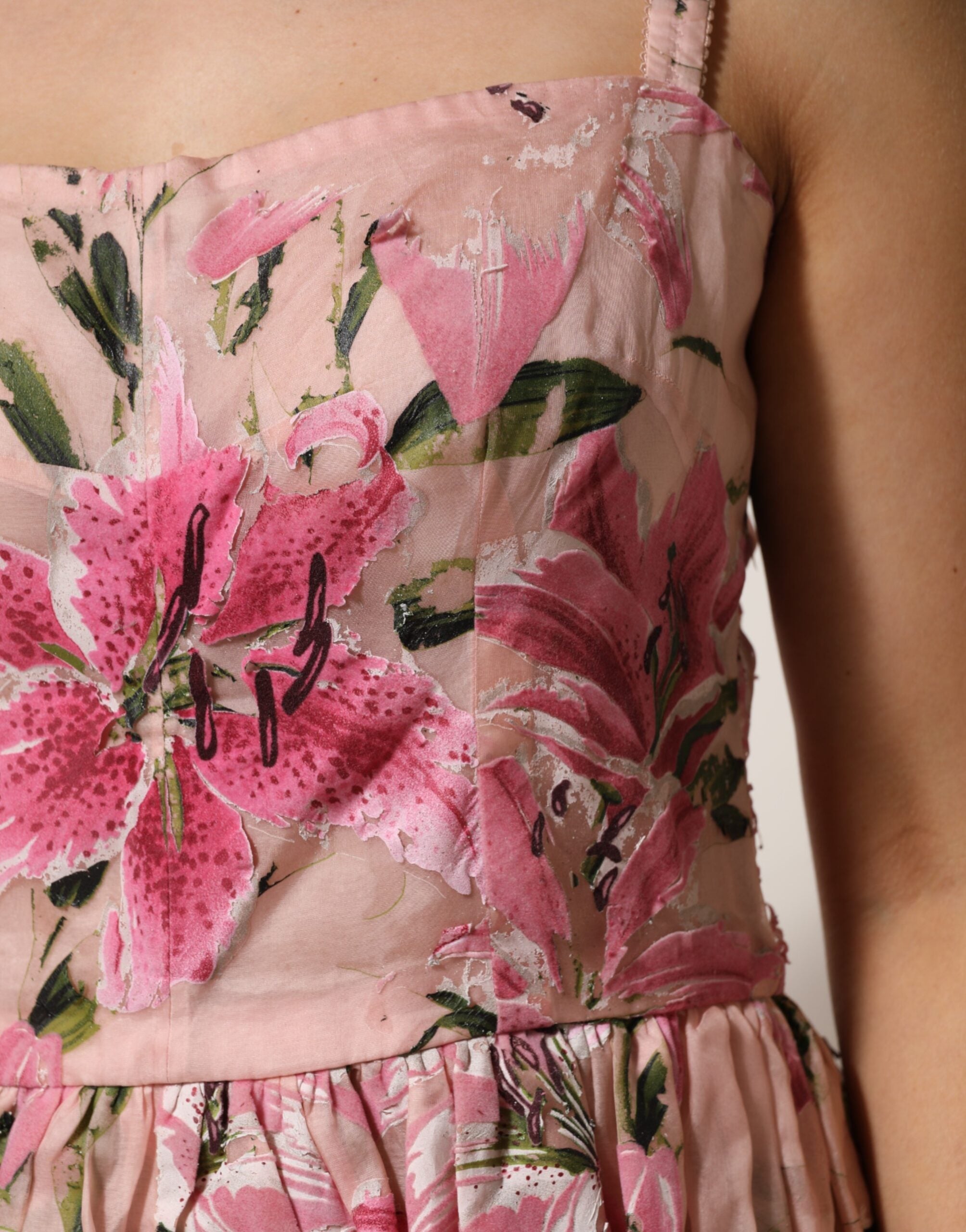 Dolce &amp; Gabbana Rosa Bomullsblommig Plisserad Ärmlös Klänning