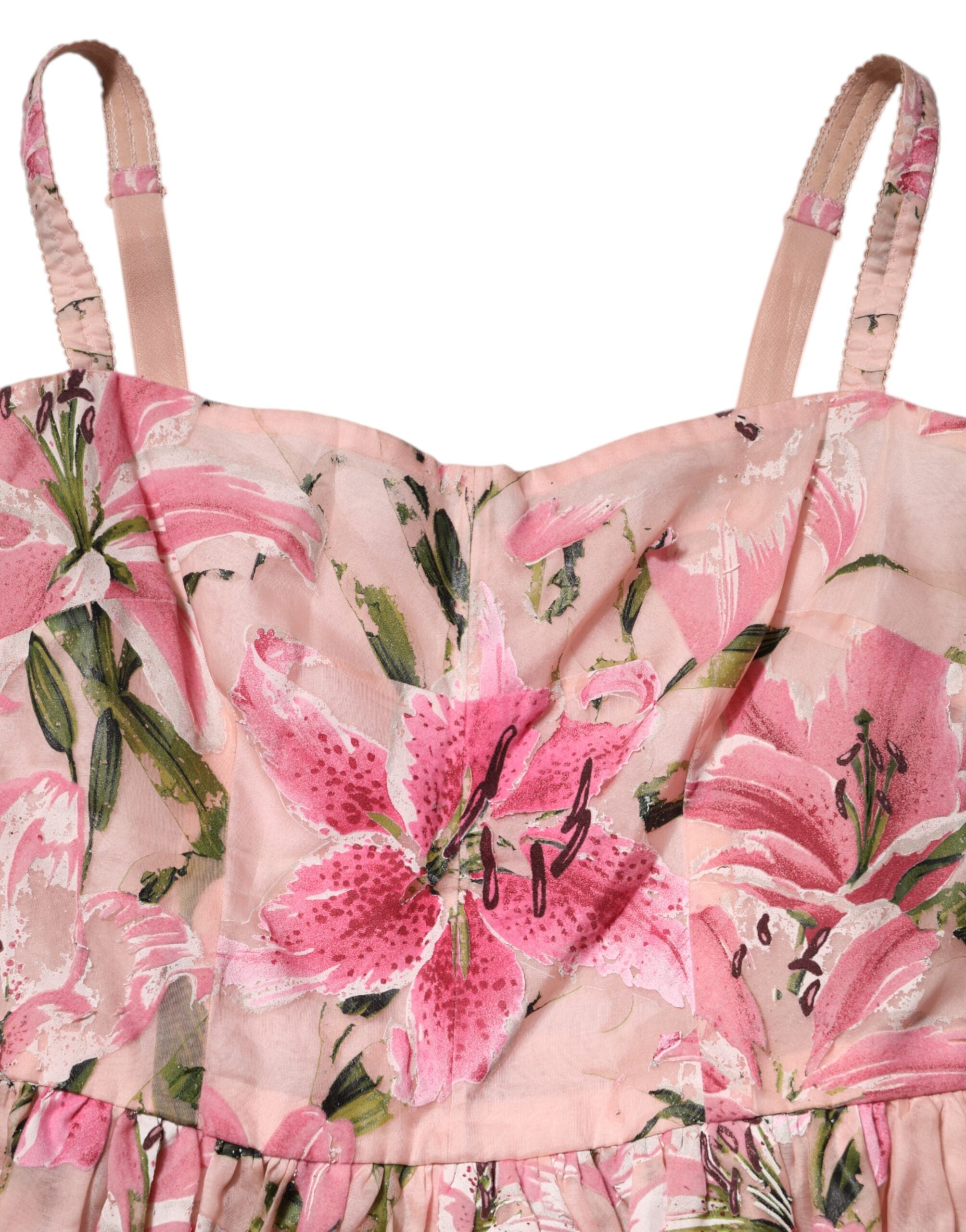 Dolce &amp; Gabbana Rosa Bomullsblommig Plisserad Ärmlös Klänning