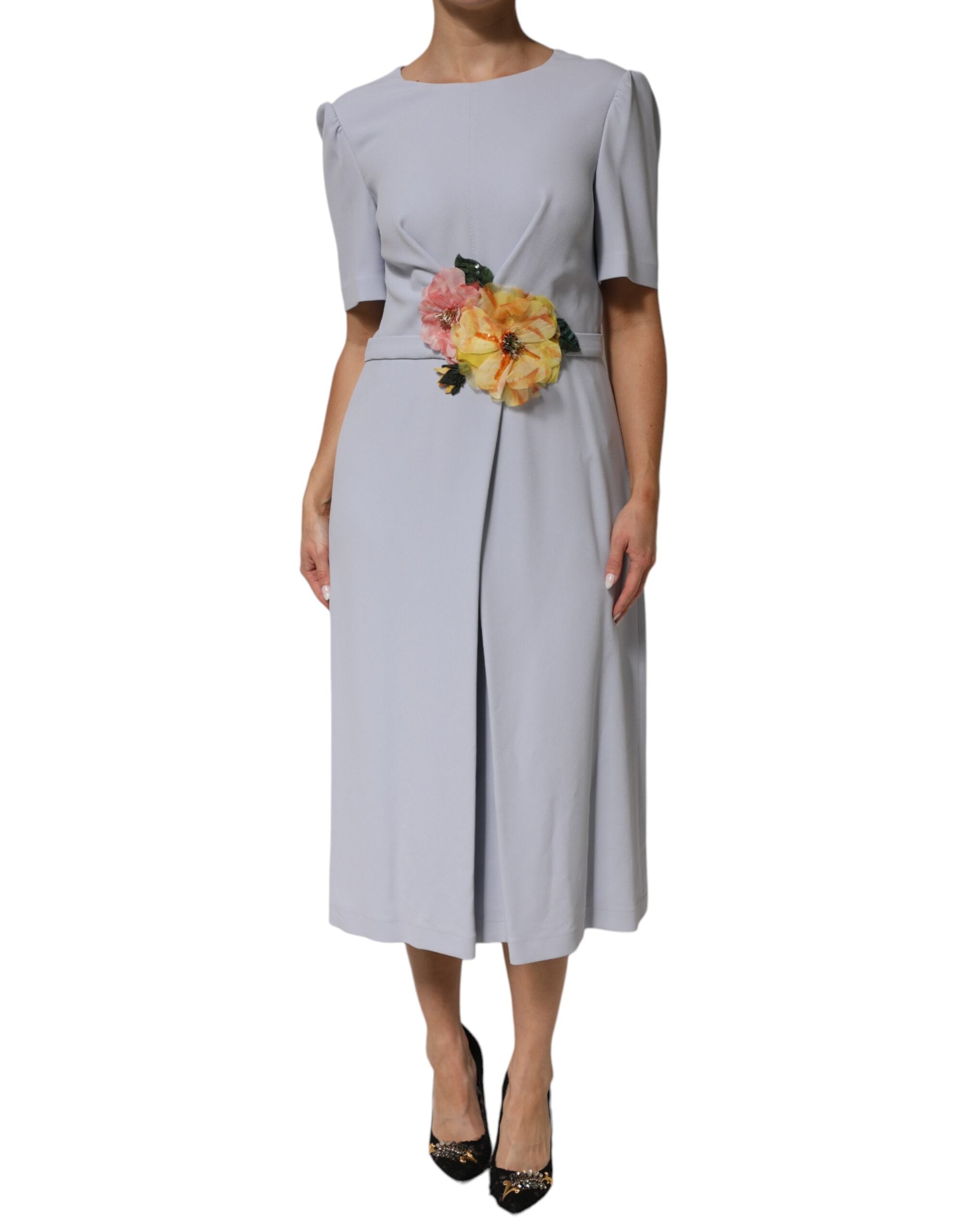 Dolce &amp; Gabbana Ljusblå Viskosblandad Klänning med Blommig Applikation