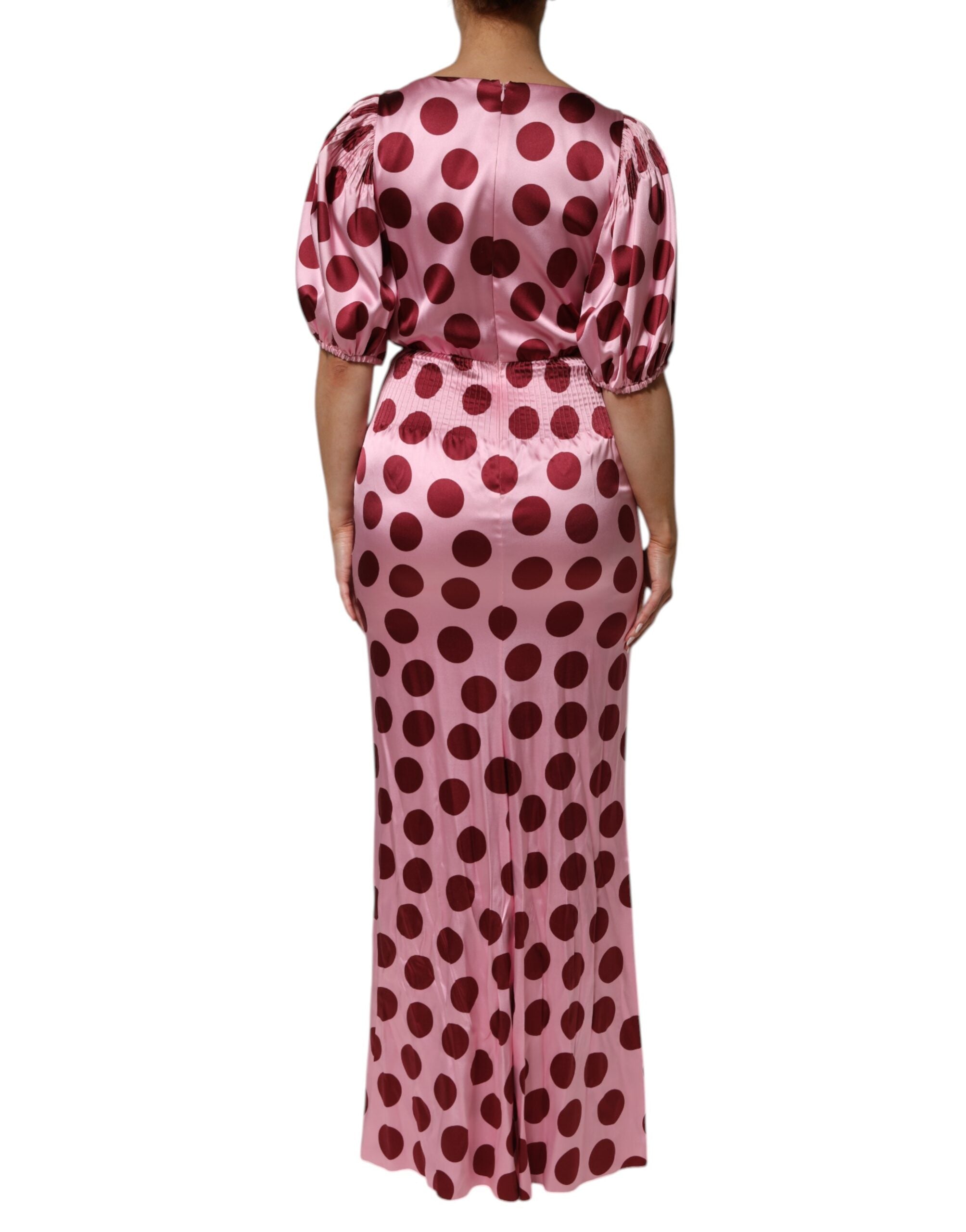 Dolce &amp; Gabbana Rosa Röd Prickig Sidensatin Maxiklänning