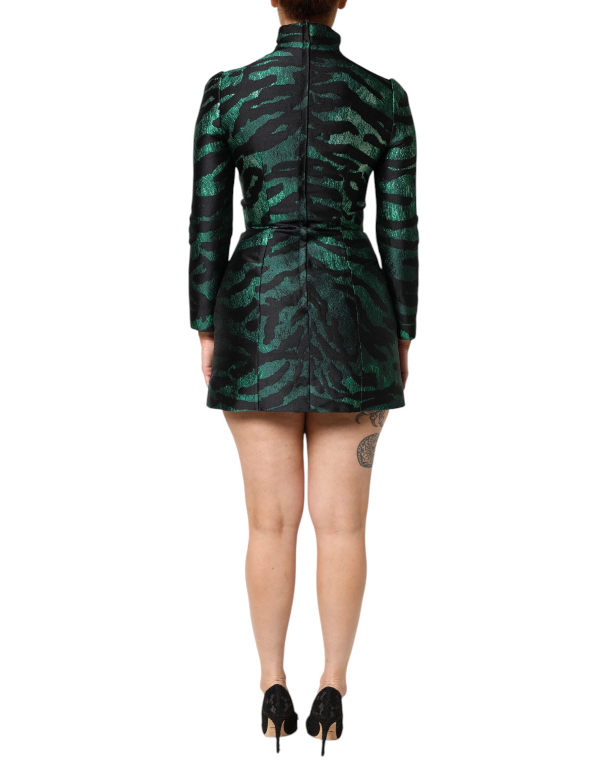 Dolce &amp; Gabbana Svartgrön Metallisk Jacquard Mini Långklänning