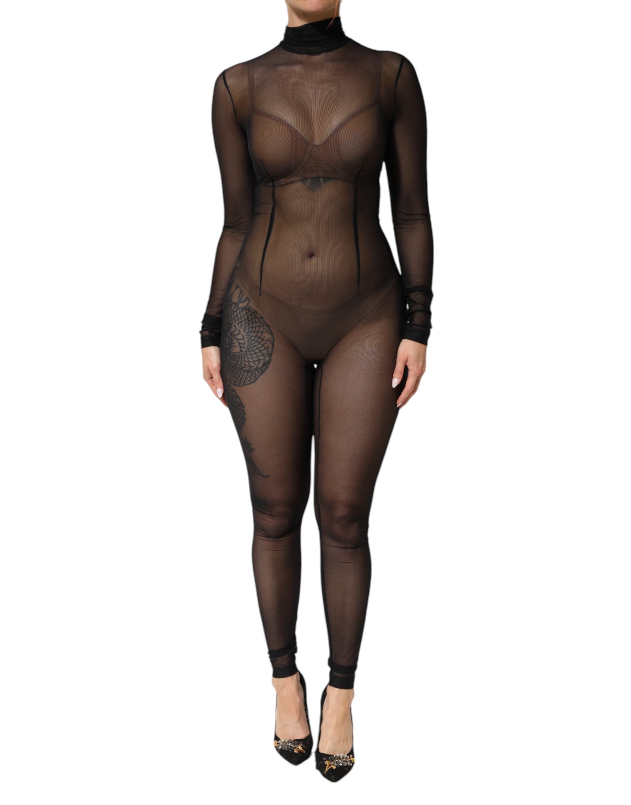 Dolce &amp; Gabbana Sort Transparent Mesh Langærmet Jumpsuit Bodysuit Kjole