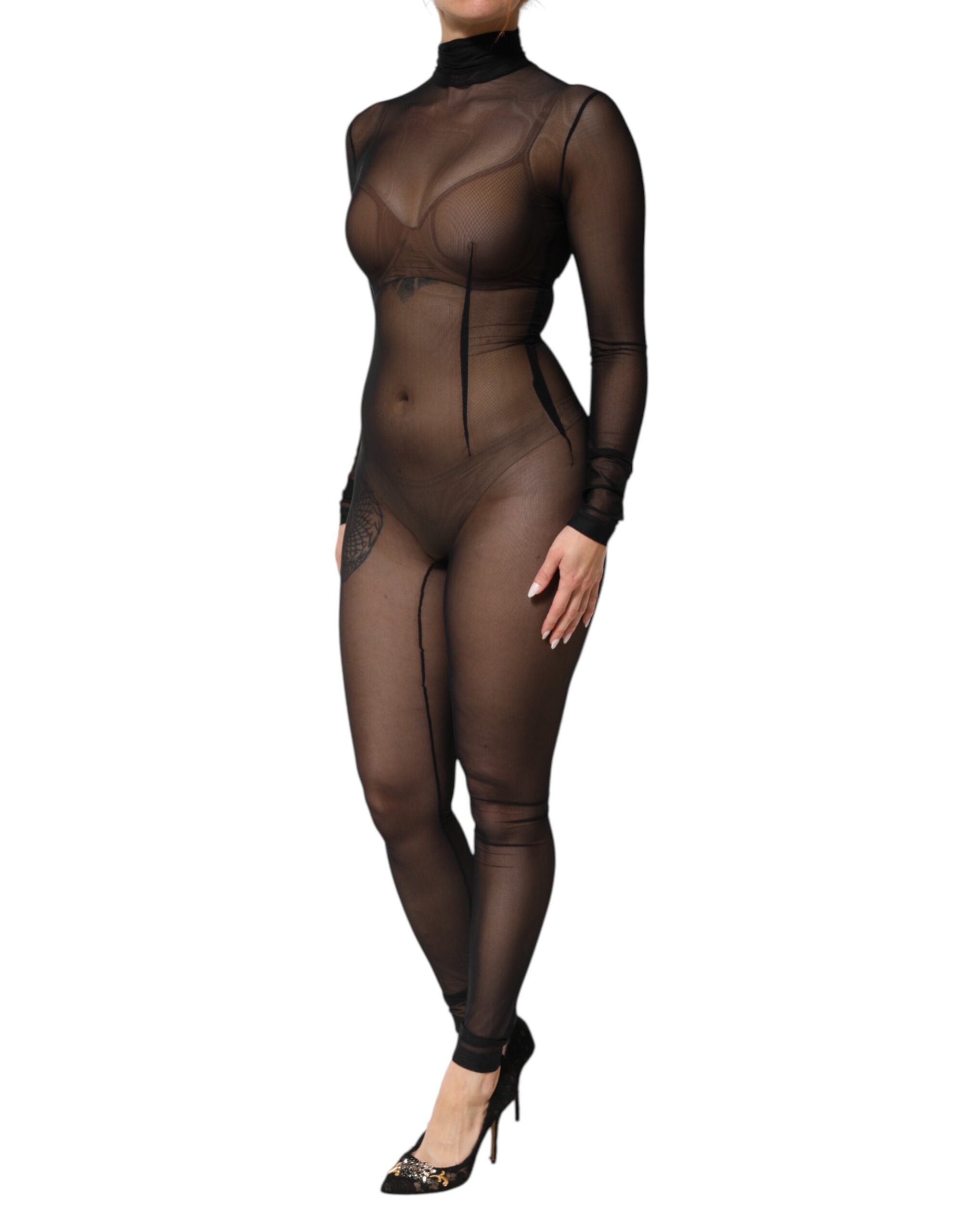 Dolce &amp; Gabbana Sort Transparent Mesh Langærmet Jumpsuit Bodysuit Kjole