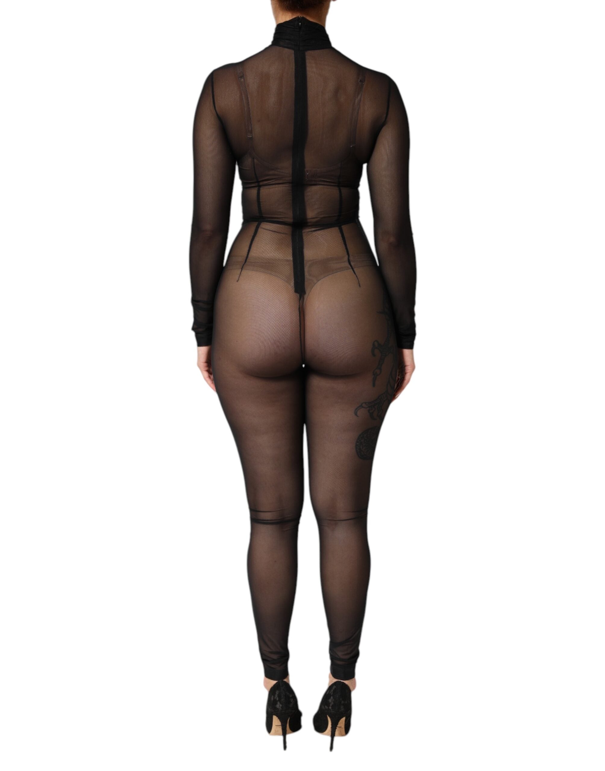 Dolce &amp; Gabbana Sort Transparent Mesh Langærmet Jumpsuit Bodysuit Kjole