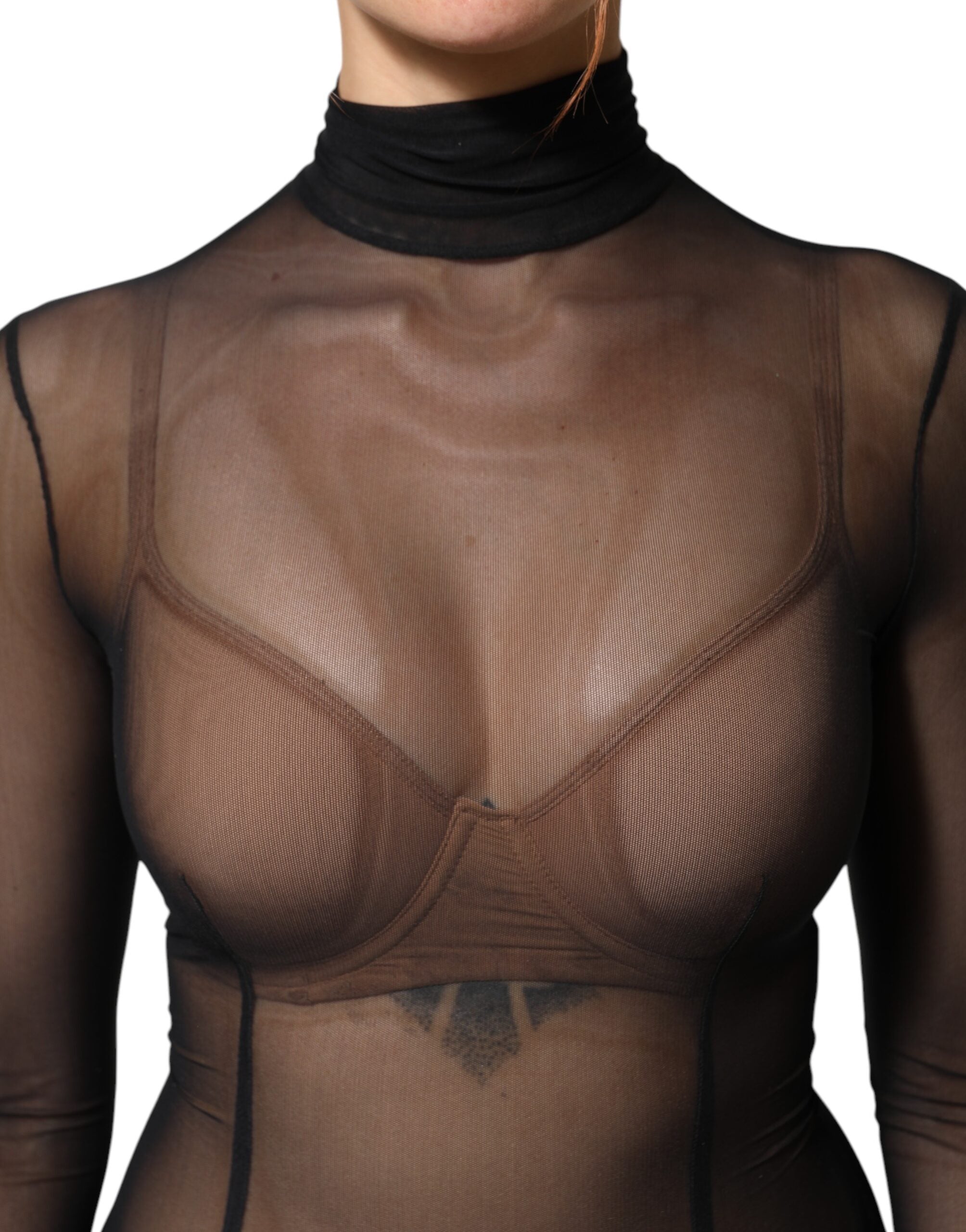 Dolce &amp; Gabbana Sort Transparent Mesh Langærmet Jumpsuit Bodysuit Kjole