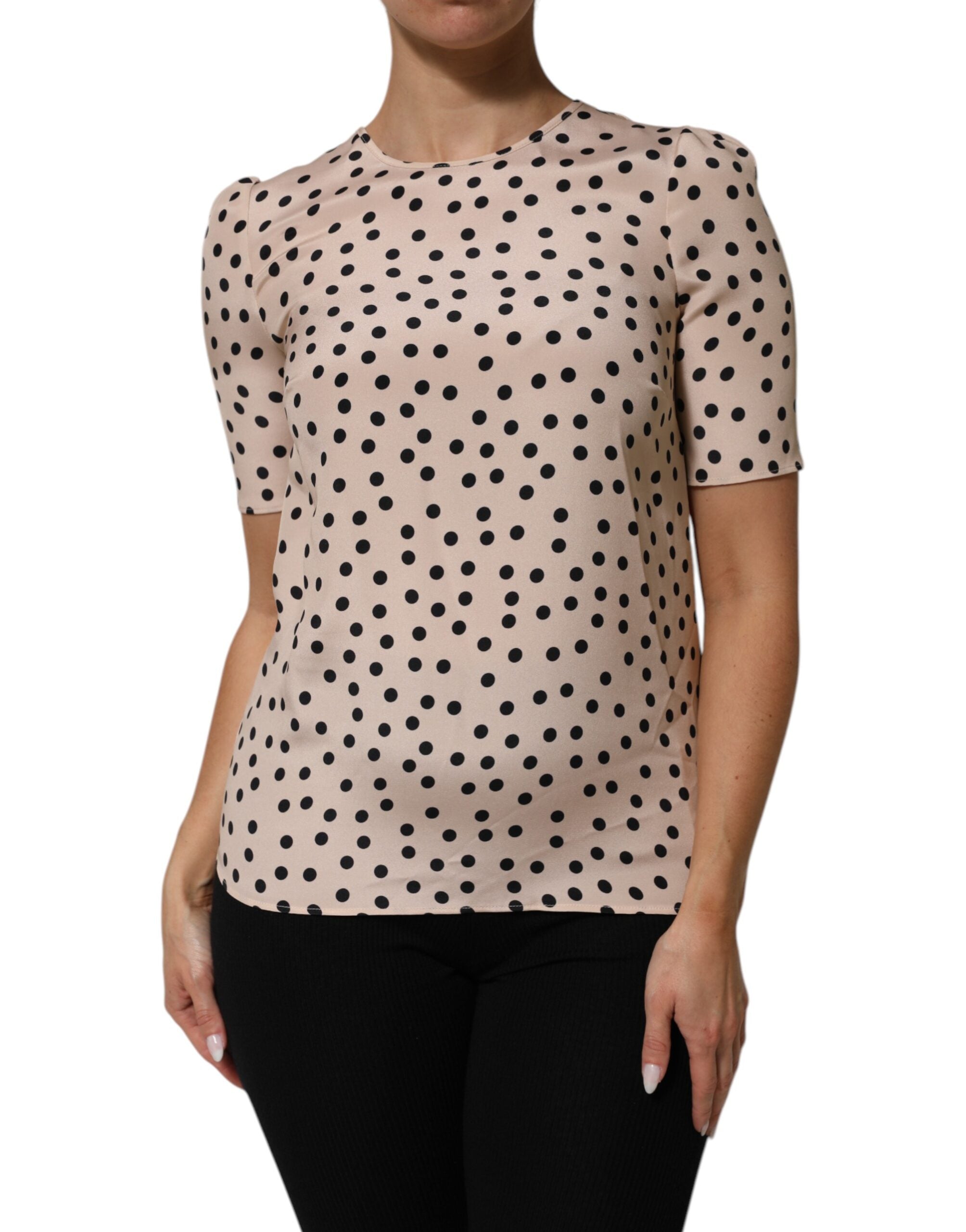 Dolce &amp; Gabbana Beige Sort Polkaprikket Silkebluse med Korte Ærmer
