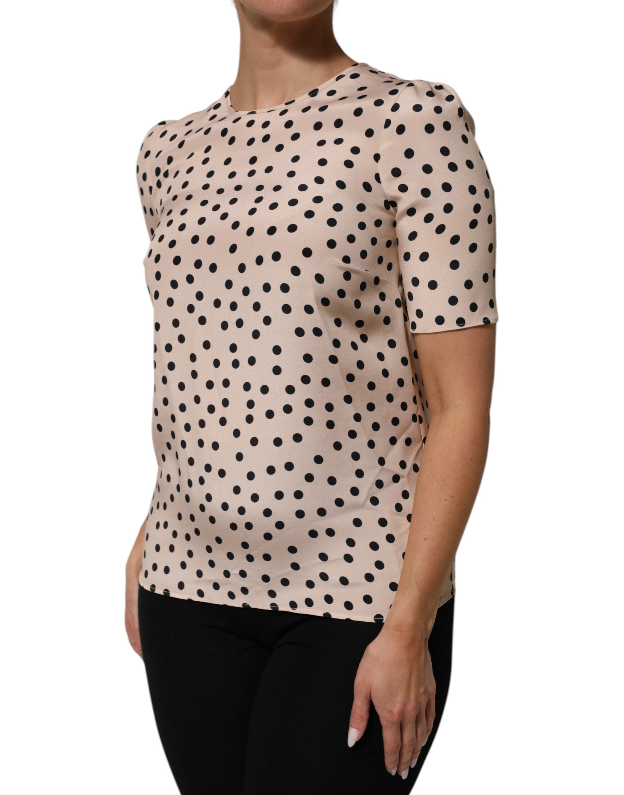 Dolce &amp; Gabbana Beige Sort Polkaprikket Silkebluse med Korte Ærmer
