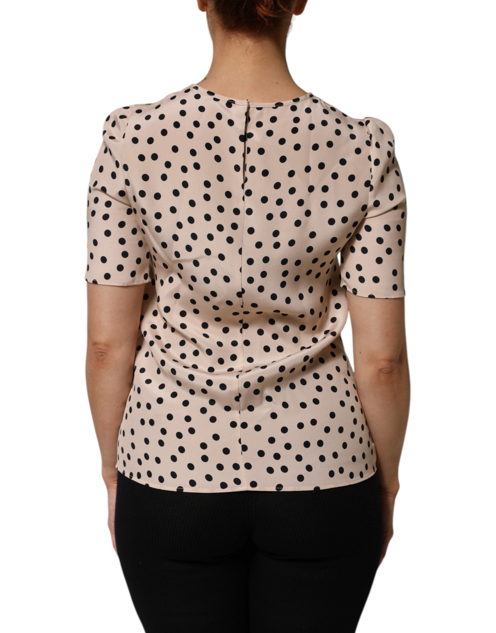Dolce &amp; Gabbana Beige Sort Polkaprikket Silkebluse med Korte Ærmer
