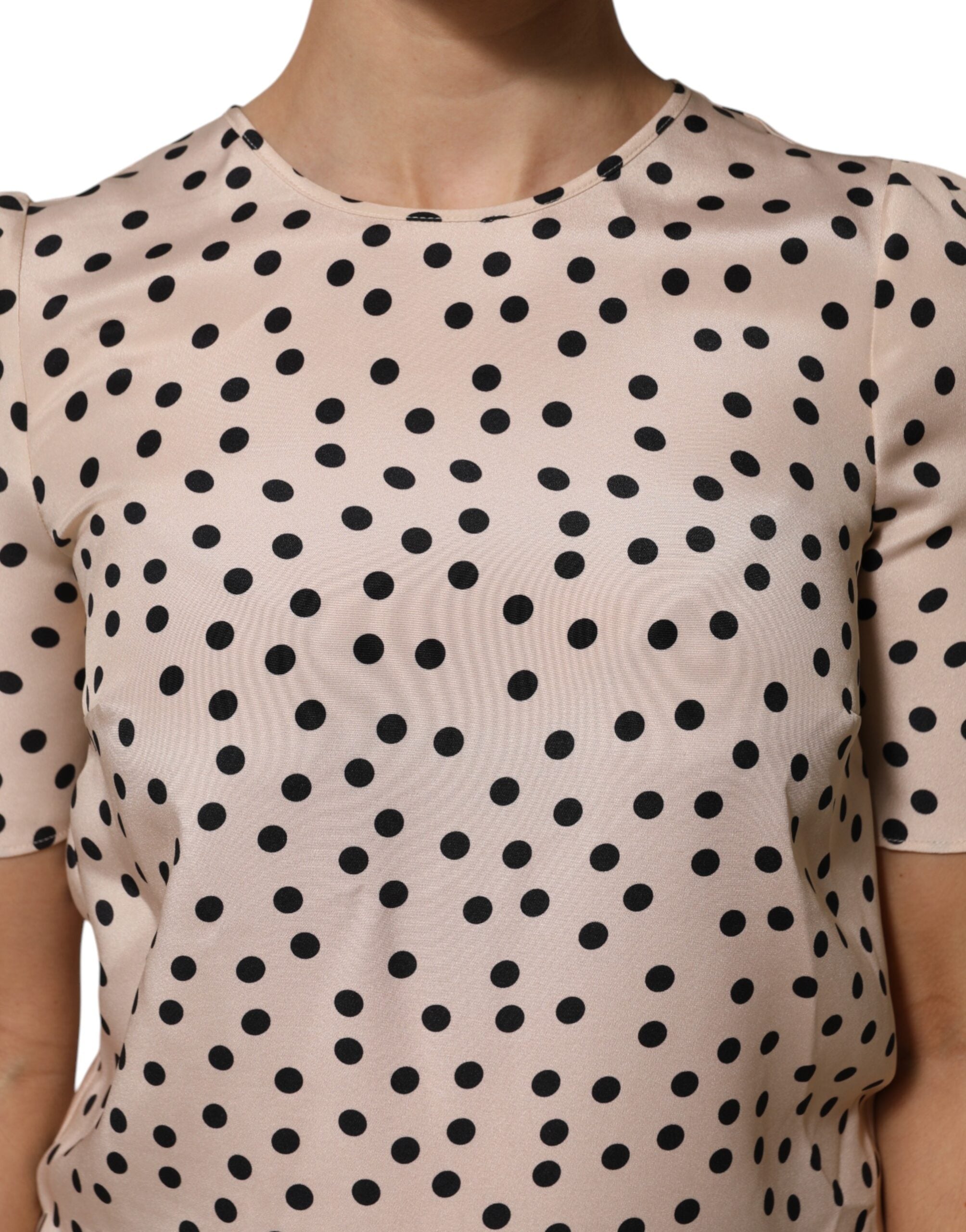 Dolce &amp; Gabbana Beige Sort Polkaprikket Silkebluse med Korte Ærmer