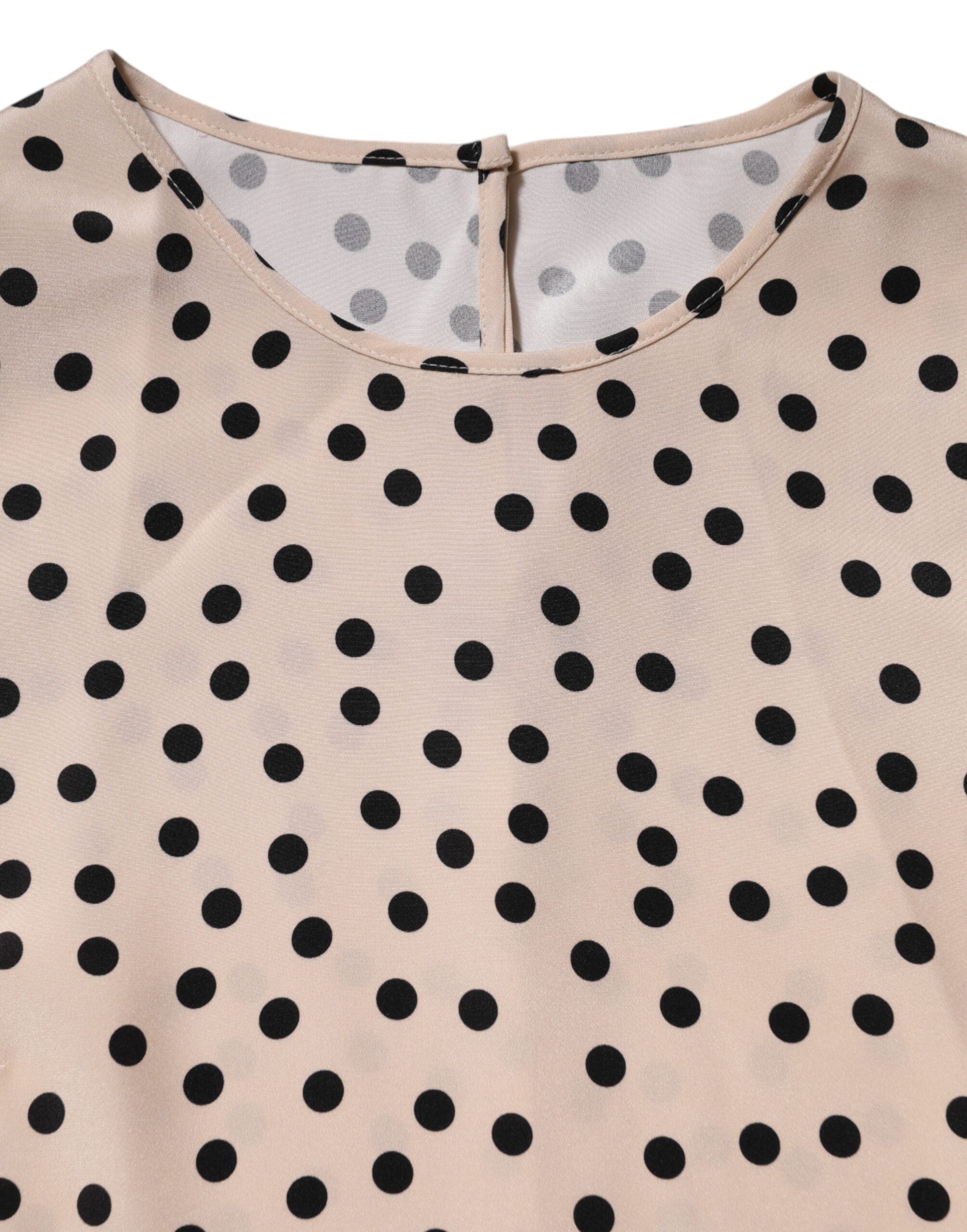 Dolce &amp; Gabbana Beige Sort Polkaprikket Silkebluse med Korte Ærmer