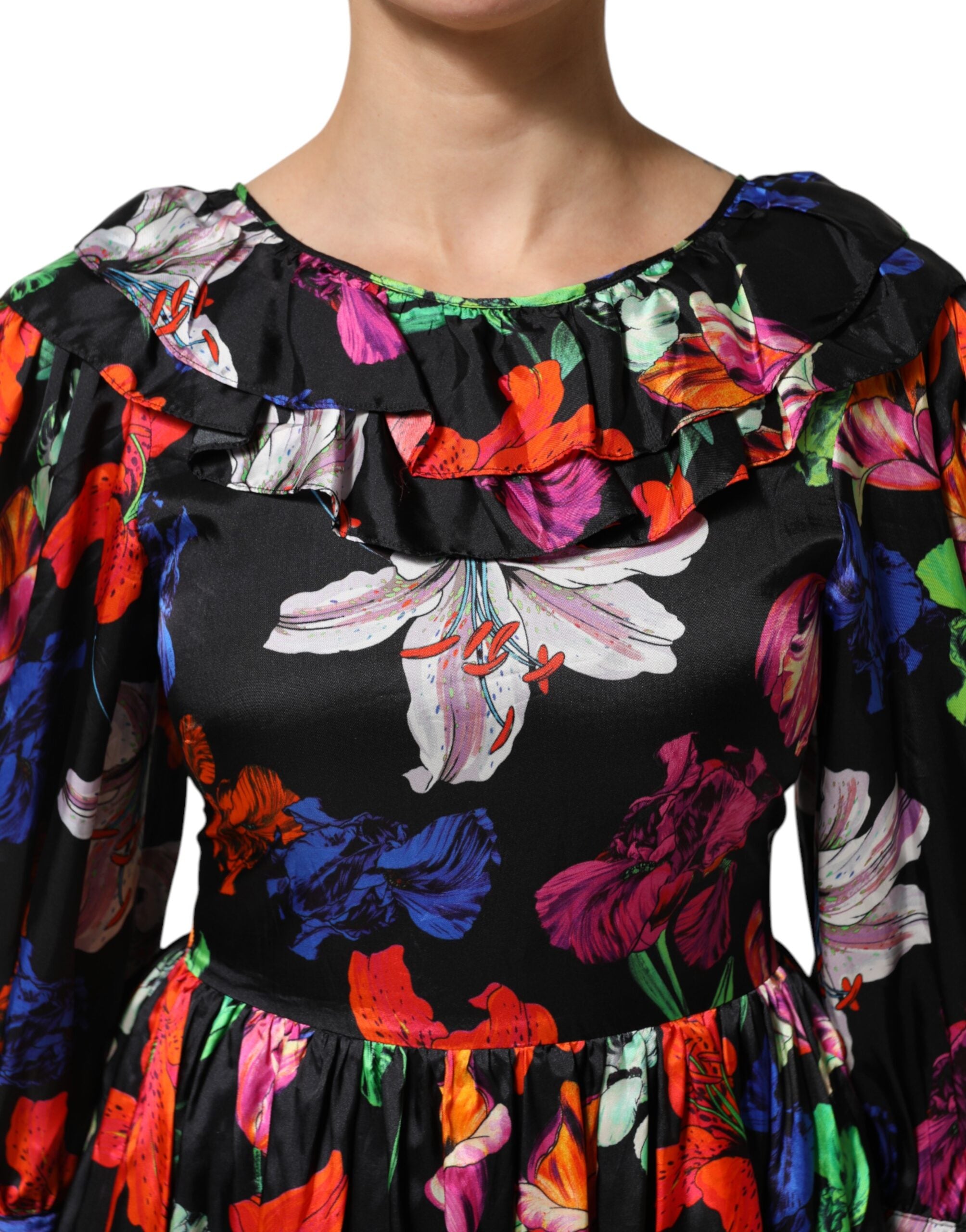 MSGM Kjole Sort Multifarvet Blomster Flæse Langærmet Minikjole