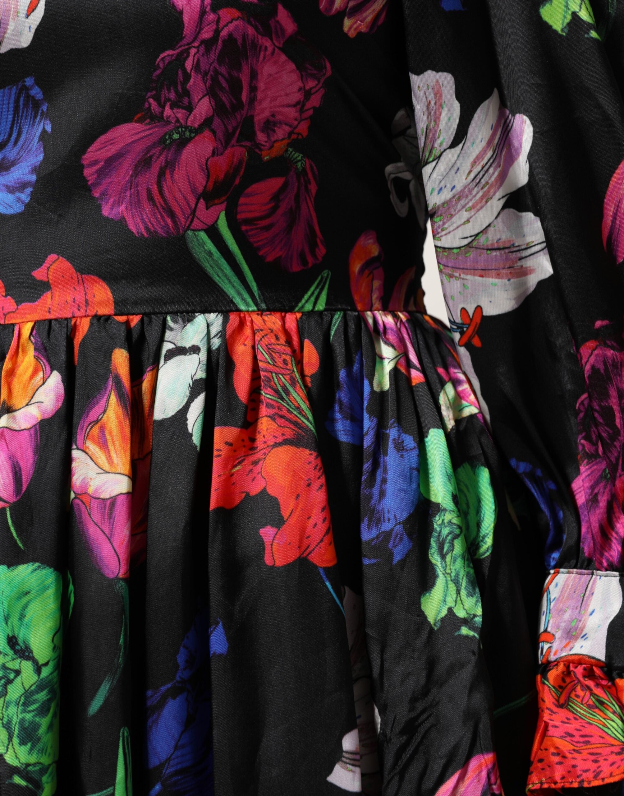 MSGM Kjole Sort Multifarvet Blomster Flæse Langærmet Minikjole