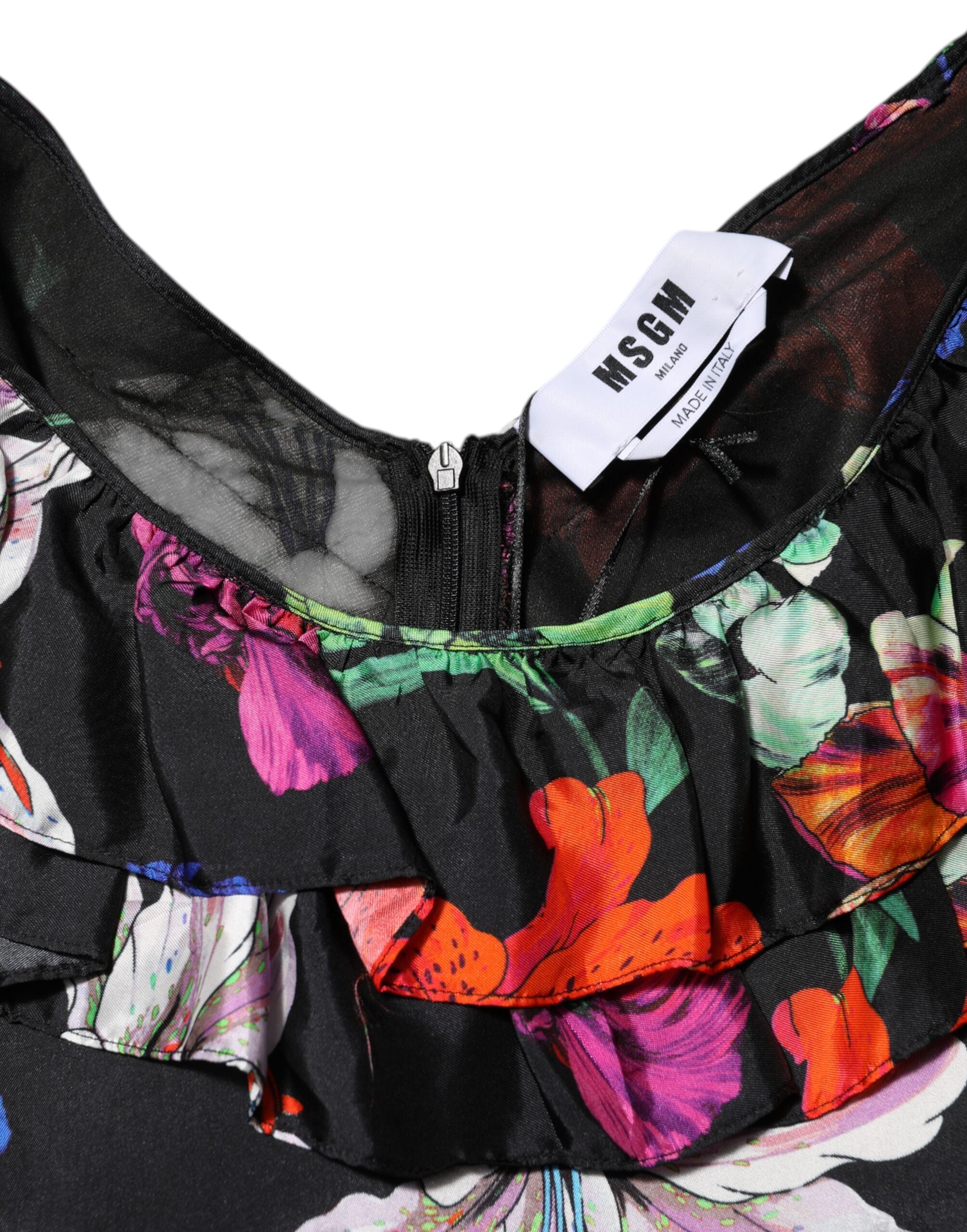 MSGM Kjole Sort Multifarvet Blomster Flæse Langærmet Minikjole
