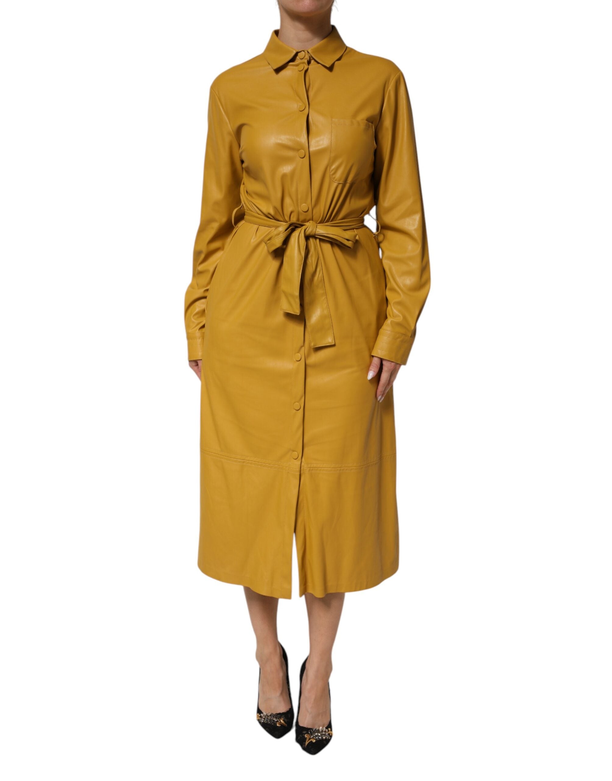 PINKO Polyester Skjorta Med Bälte Midi Långärmad Gul Senapsgrön