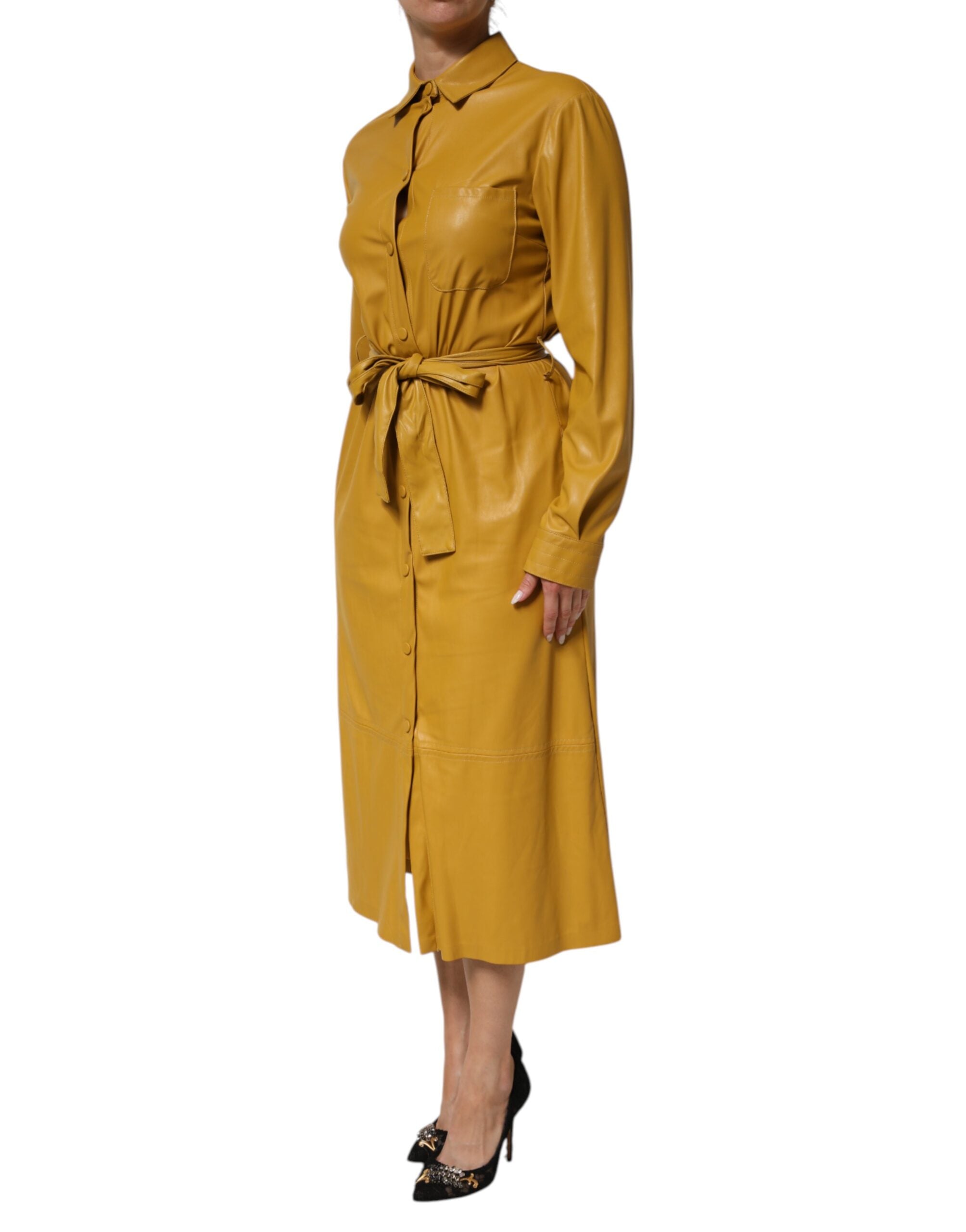 PINKO Polyester Skjorta Med Bälte Midi Långärmad Gul Senapsgrön