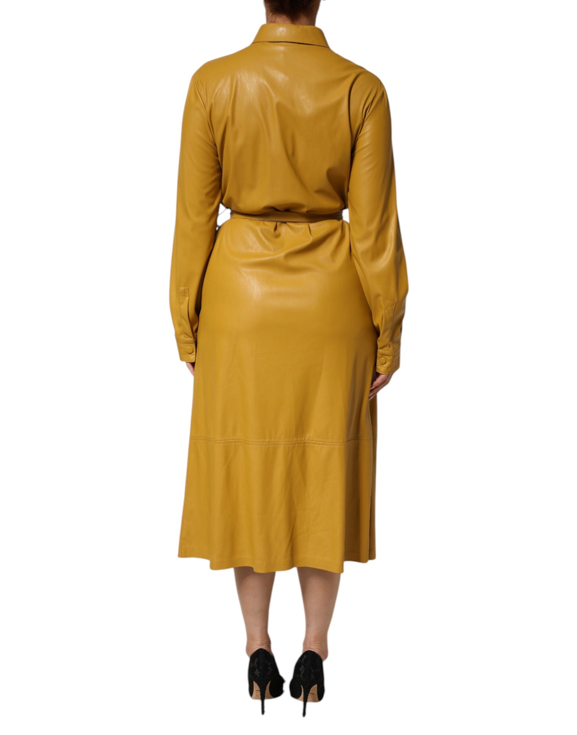 PINKO Polyester Skjorta Med Bälte Midi Långärmad Gul Senapsgrön