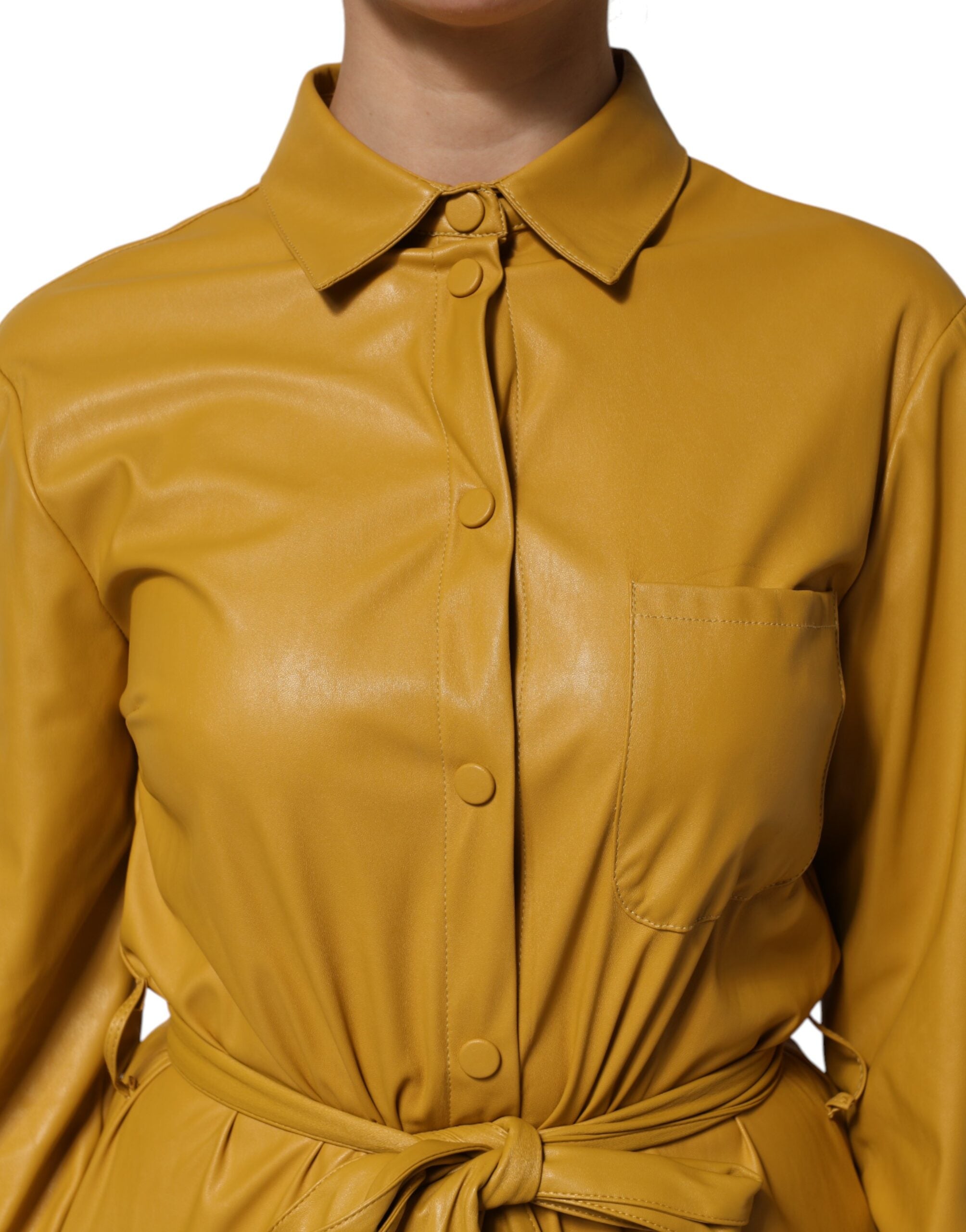 PINKO Polyester Skjorta Med Bälte Midi Långärmad Gul Senapsgrön