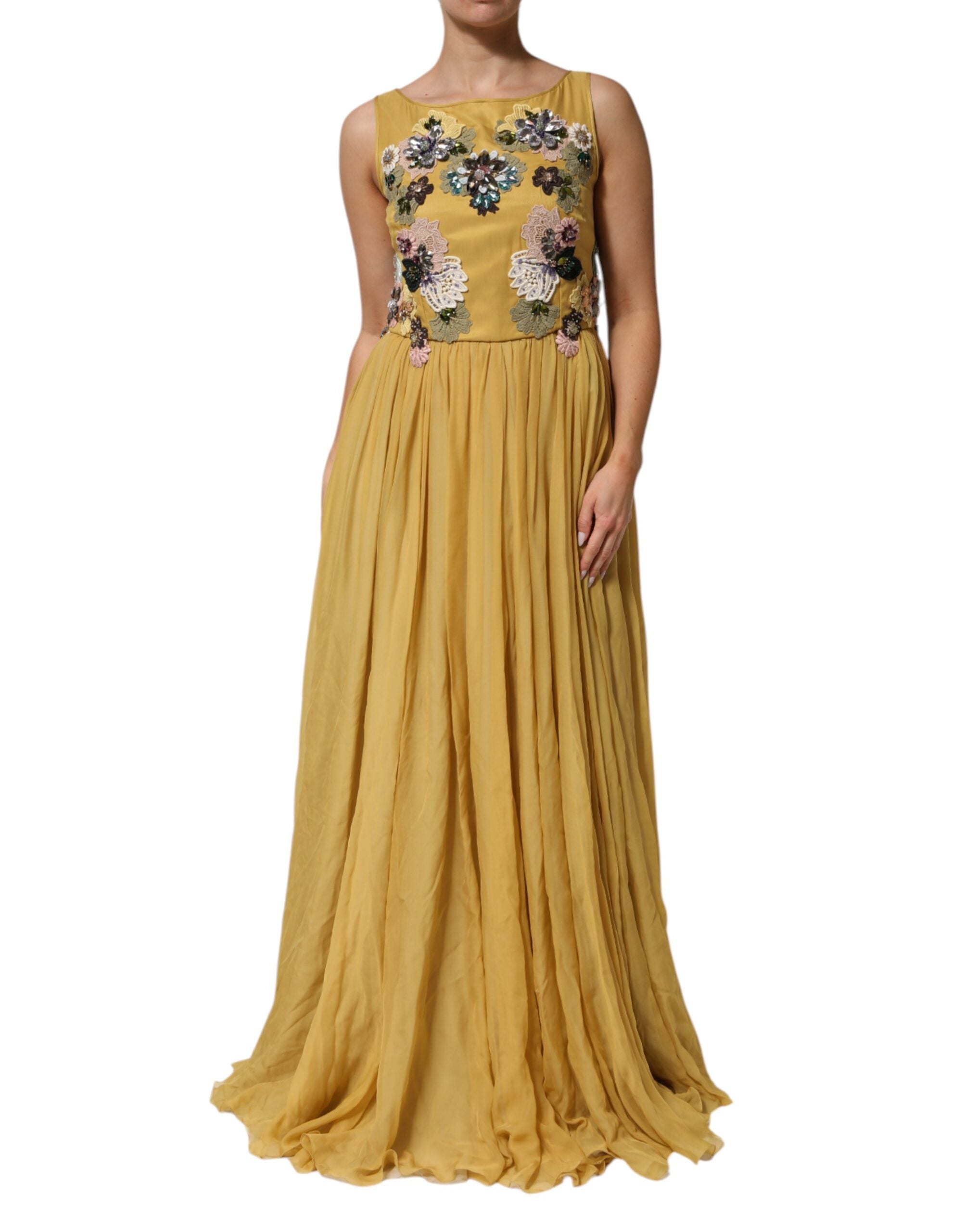 Dolce &amp; Gabbana Gul Sidenklänning Med Blommig Broderi