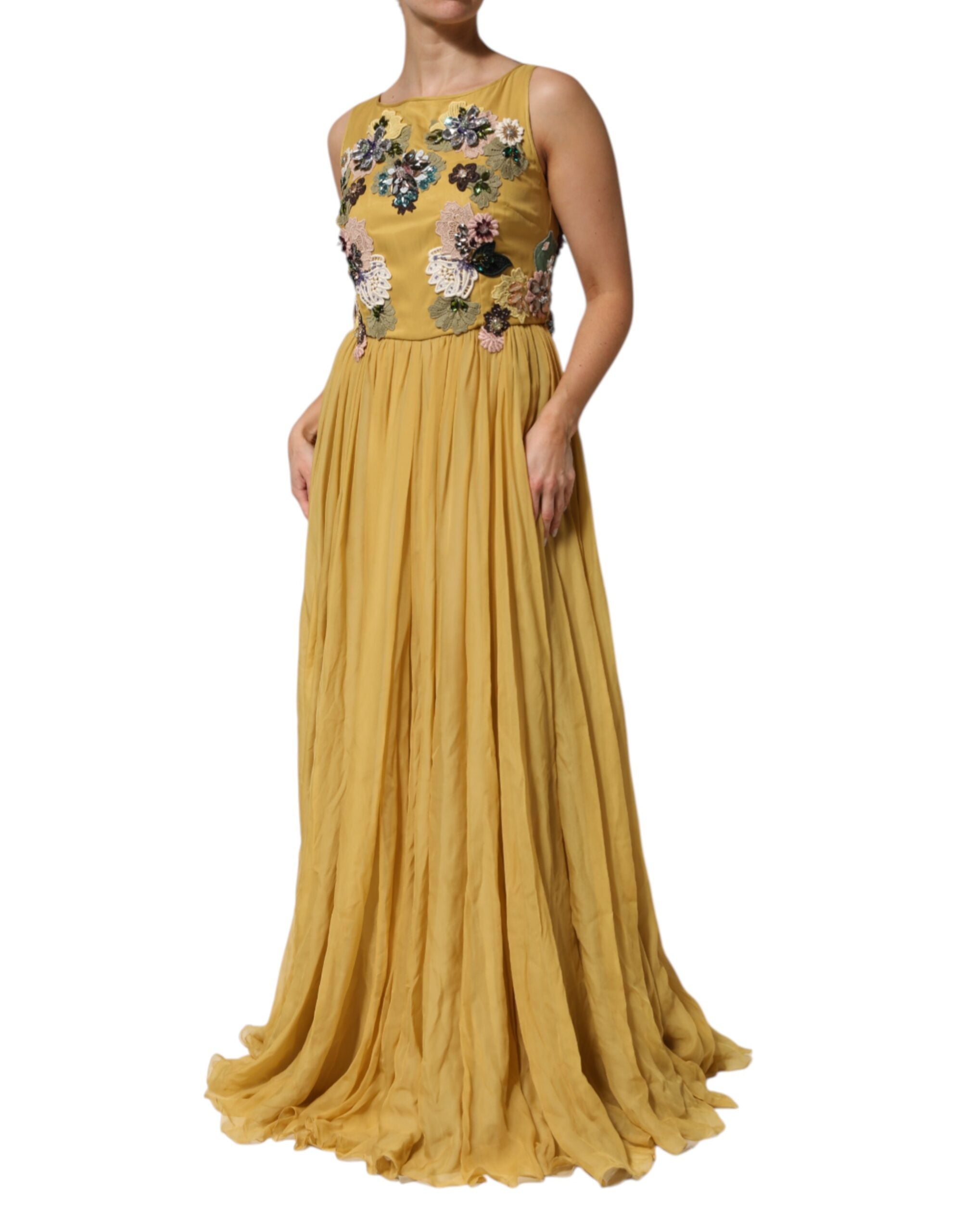 Dolce &amp; Gabbana Gul Sidenklänning Med Blommig Broderi