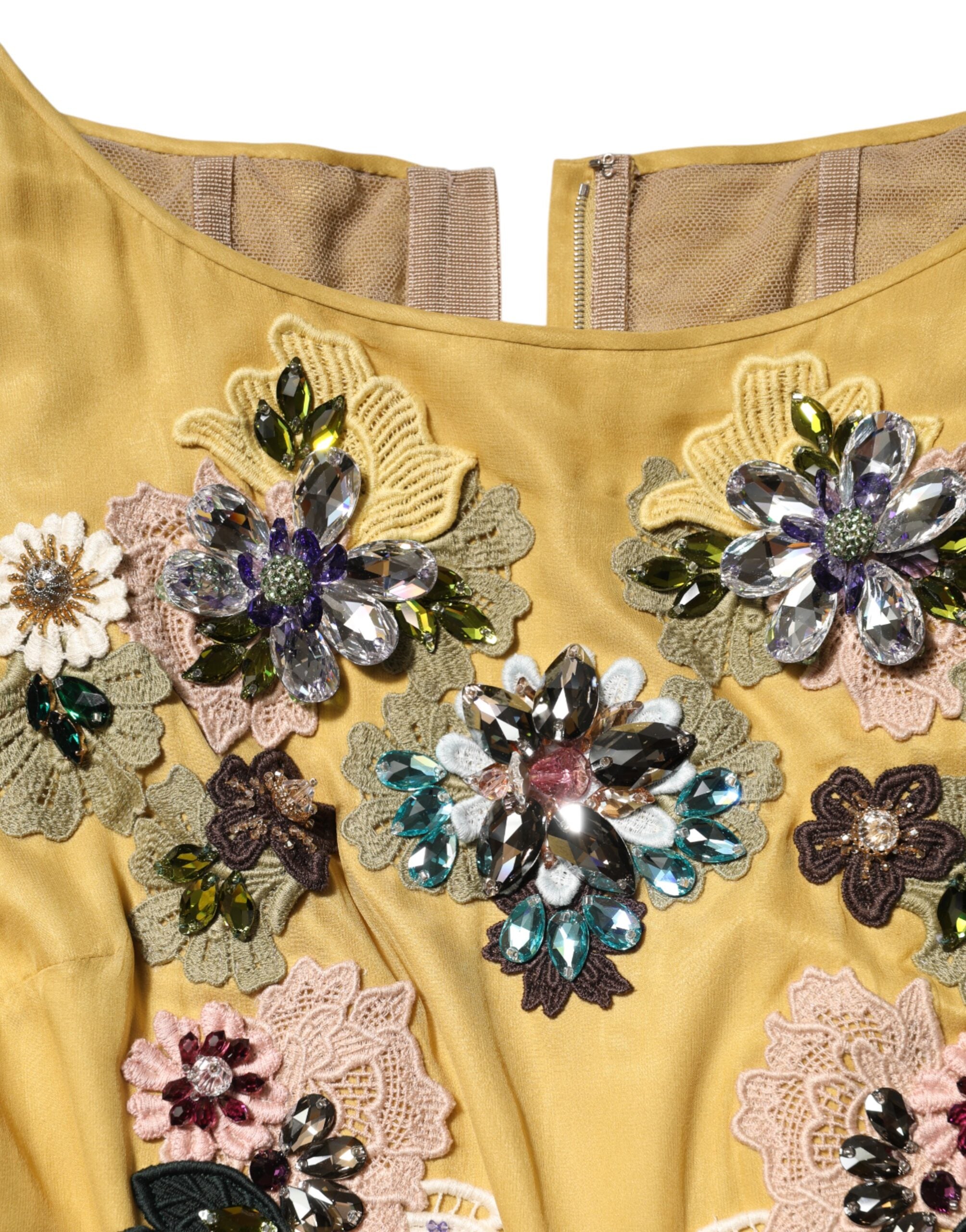 Dolce &amp; Gabbana Gul Sidenklänning Med Blommig Broderi