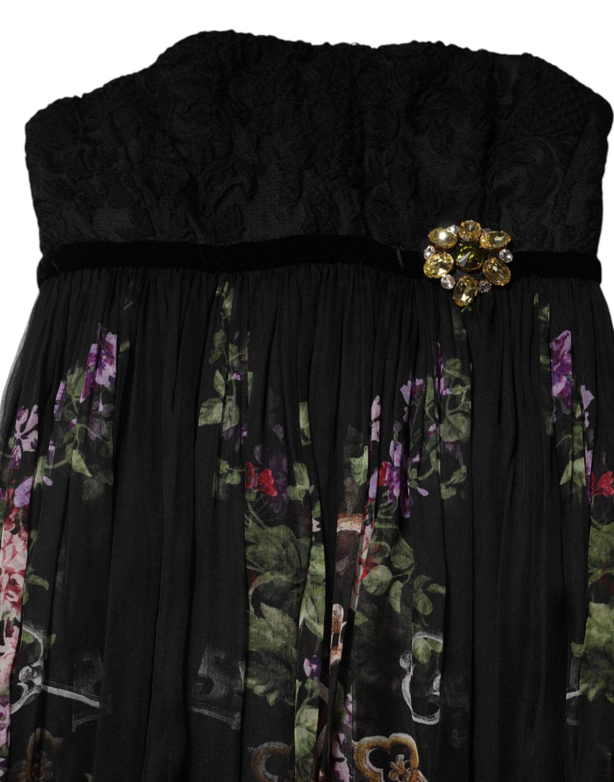 Dolce &amp; Gabbana Svart Blommig Nyckeltryck Kristall Axelbandslös Klänning