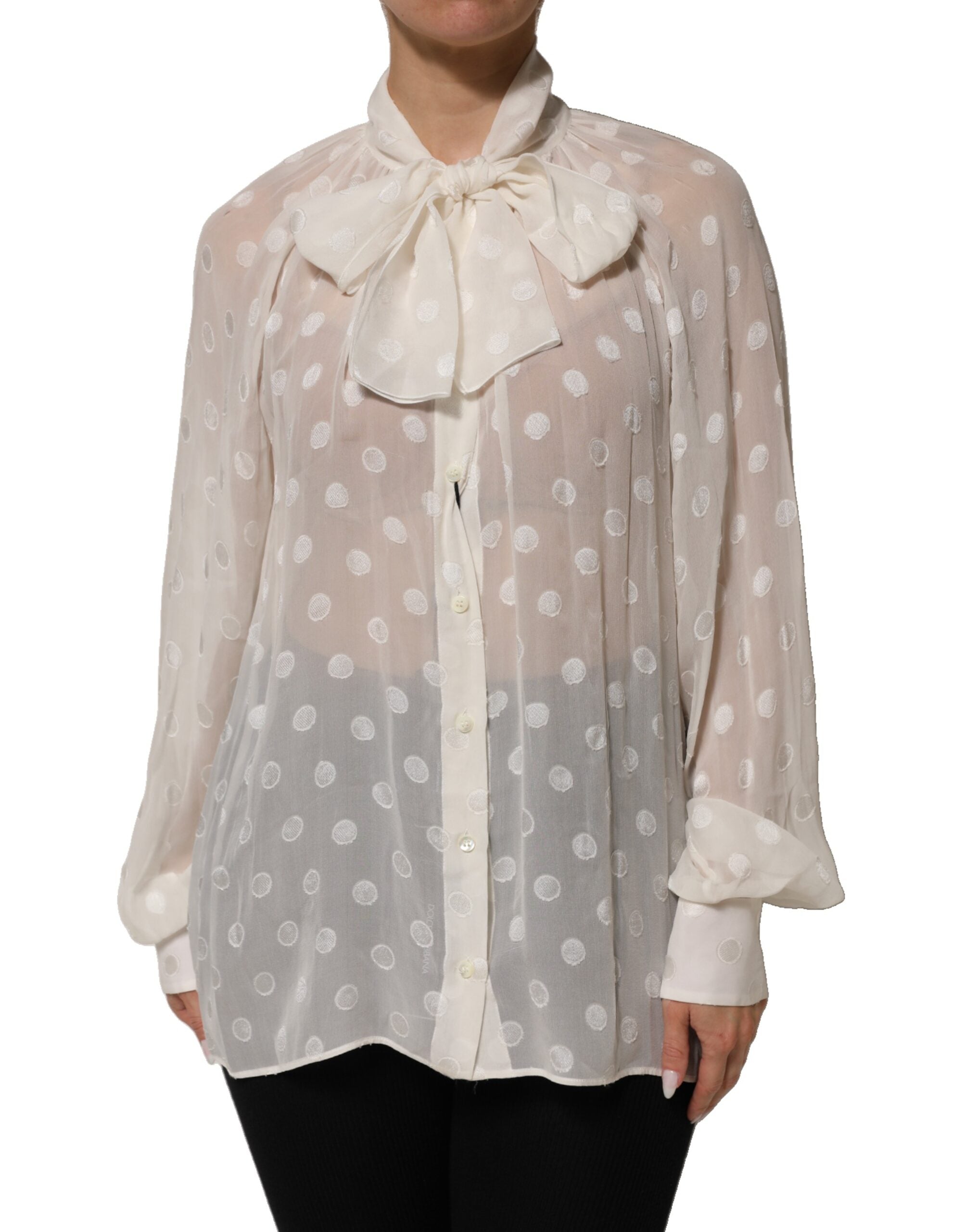 Dolce &amp; Gabbana Hvid Polka Transparent Silke Skjortetop med Butterfly