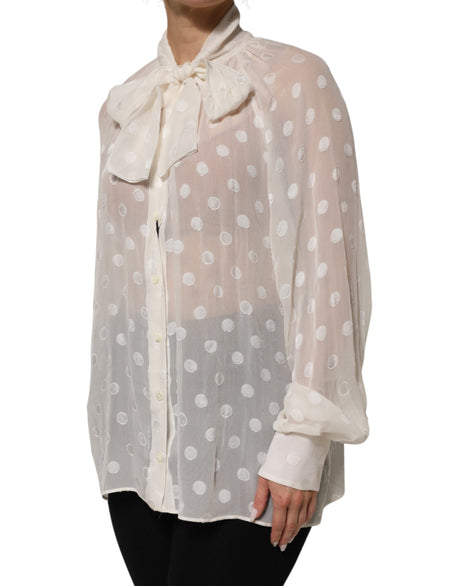 Dolce &amp; Gabbana Hvid Polka Transparent Silke Skjortetop med Butterfly