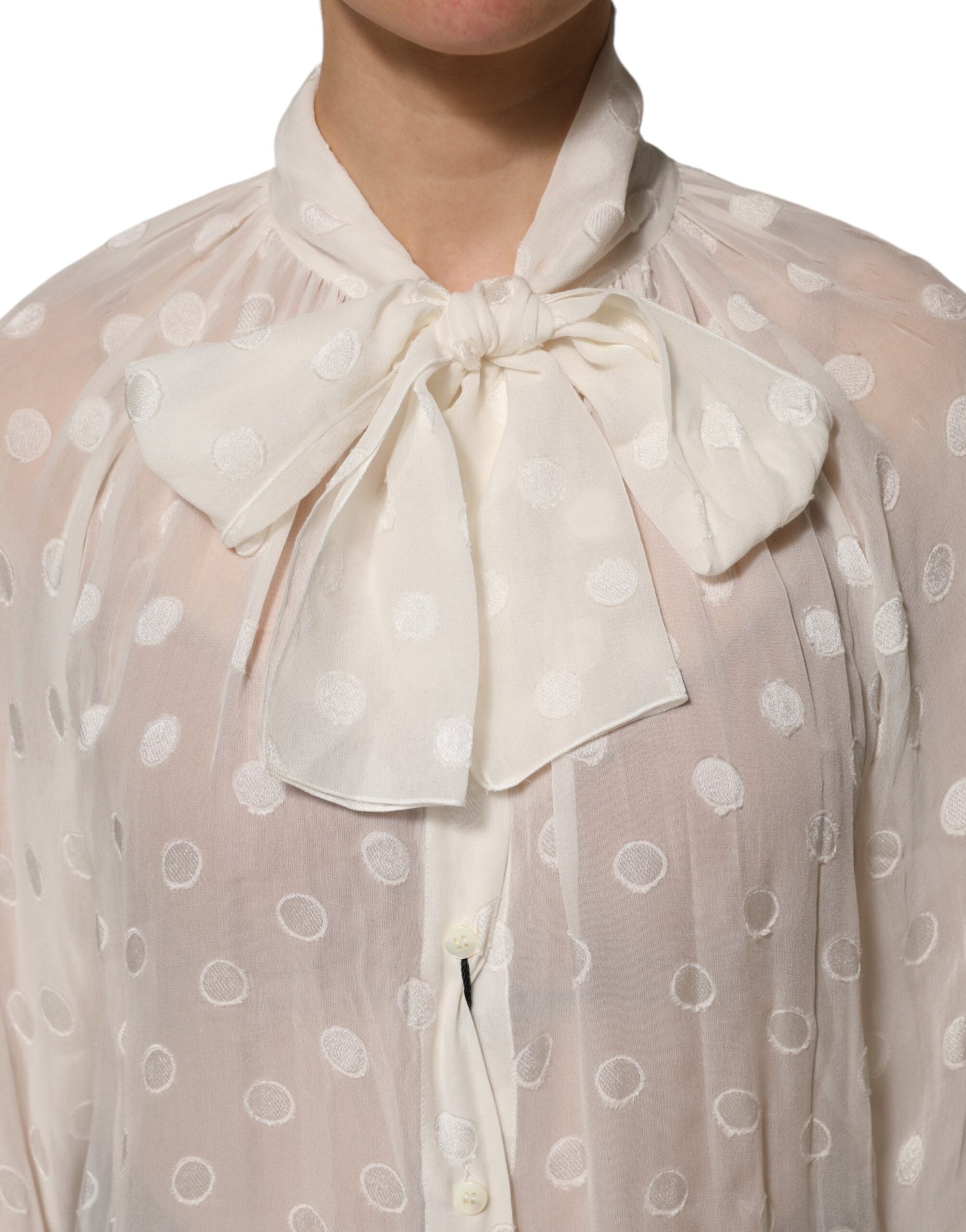 Dolce &amp; Gabbana Hvid Polka Transparent Silke Skjortetop med Butterfly