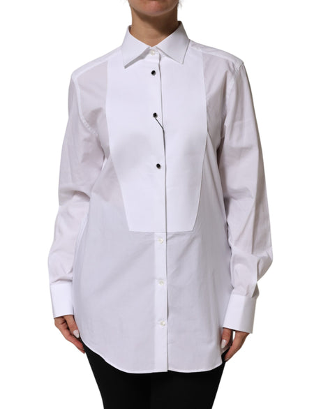 Dolce & Gabbana White Cotton Tuxedo Bib Long Sleeve Dress Shirt