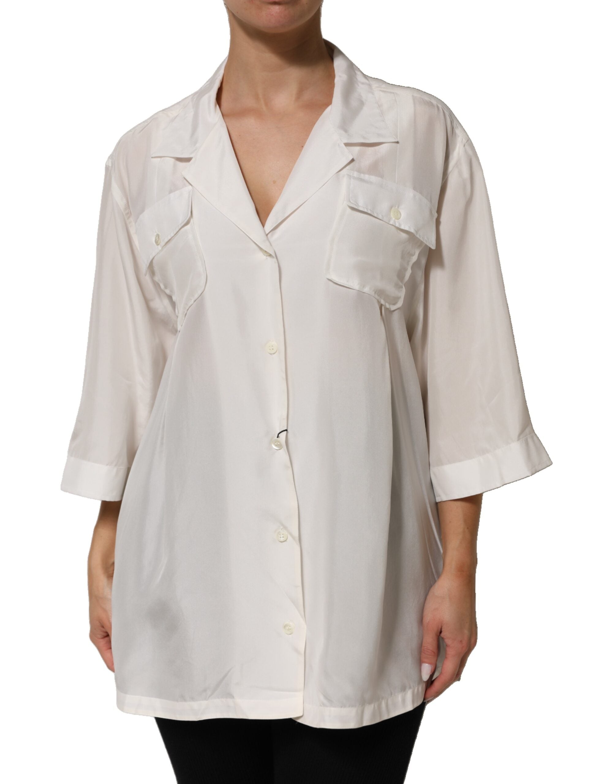 Dolce &amp; Gabbana blusetop med hvid silkekrave med 3/4 ærmer