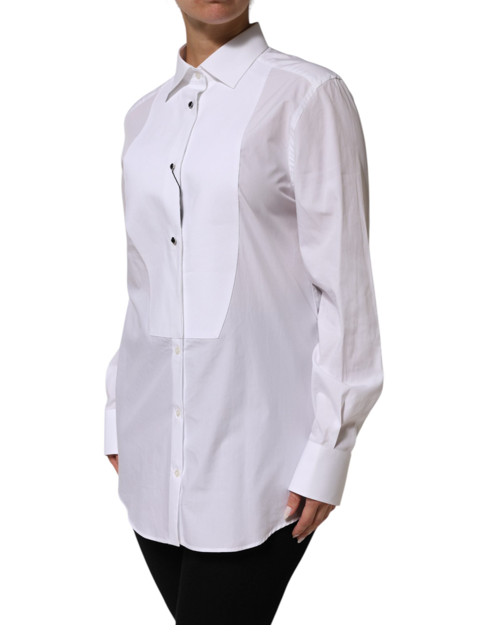 Dolce & Gabbana White Cotton Tuxedo Bib Long Sleeve Dress Shirt