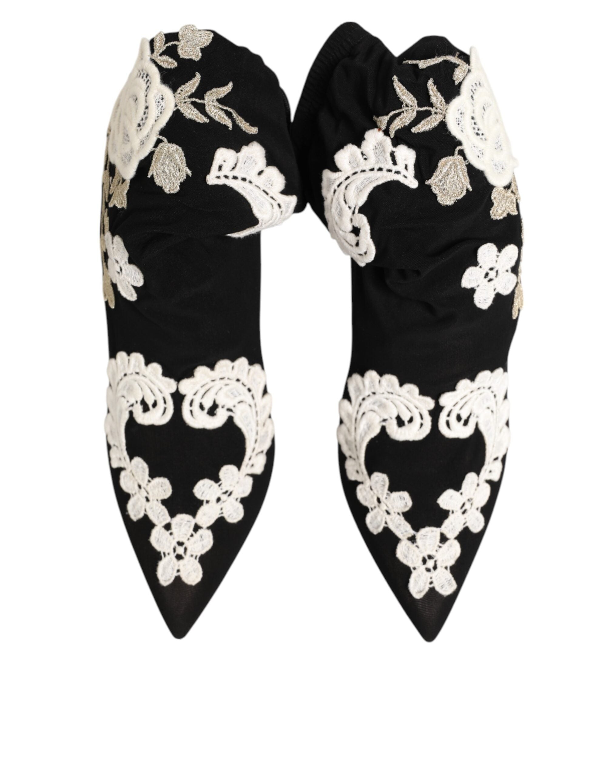 Dolce &amp; Gabbana Sorte Hvide Broderet Jersey Stiletto Støvler Sko