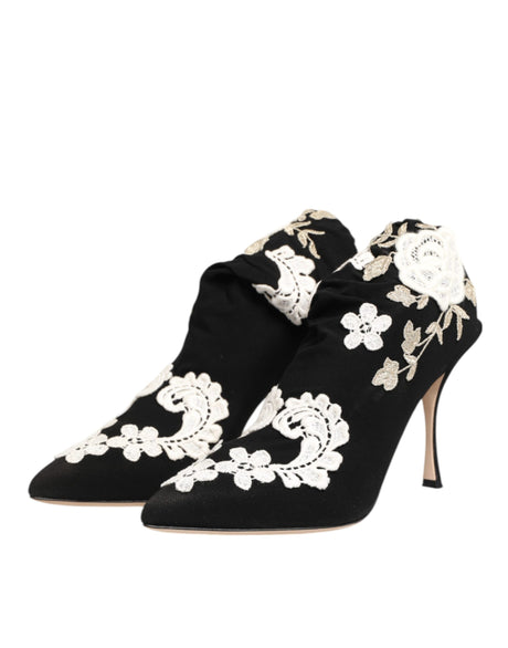 Dolce &amp; Gabbana Sorte Hvide Broderet Jersey Stiletto Støvler Sko