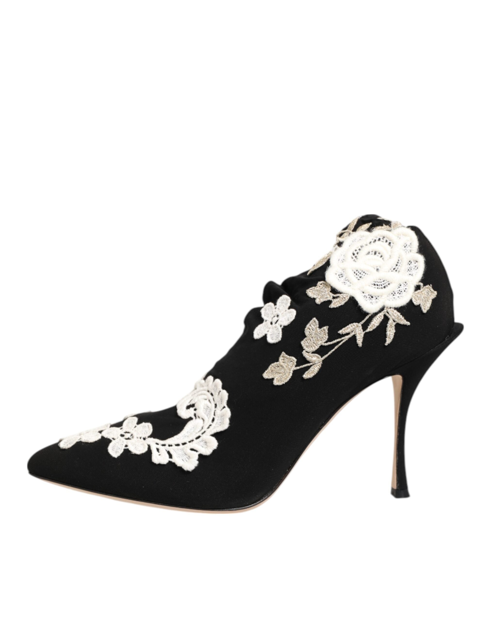 Dolce &amp; Gabbana Sorte Hvide Broderet Jersey Stiletto Støvler Sko