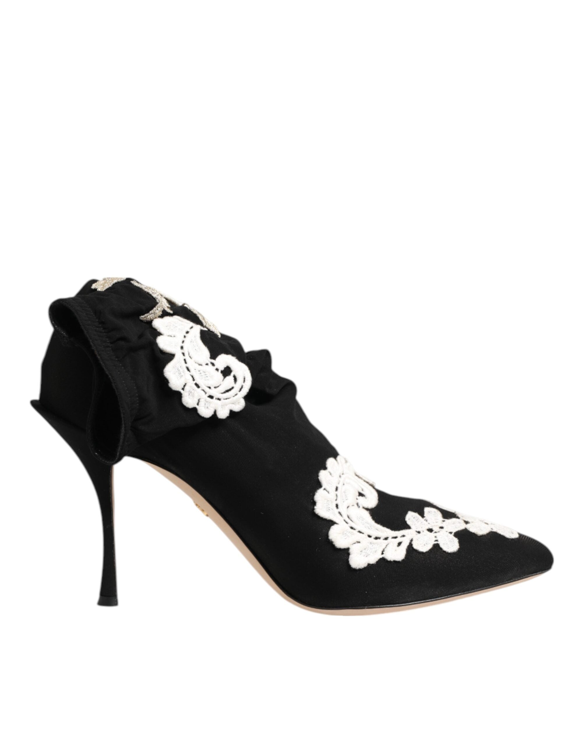 Dolce &amp; Gabbana Sorte Hvide Broderet Jersey Stiletto Støvler Sko
